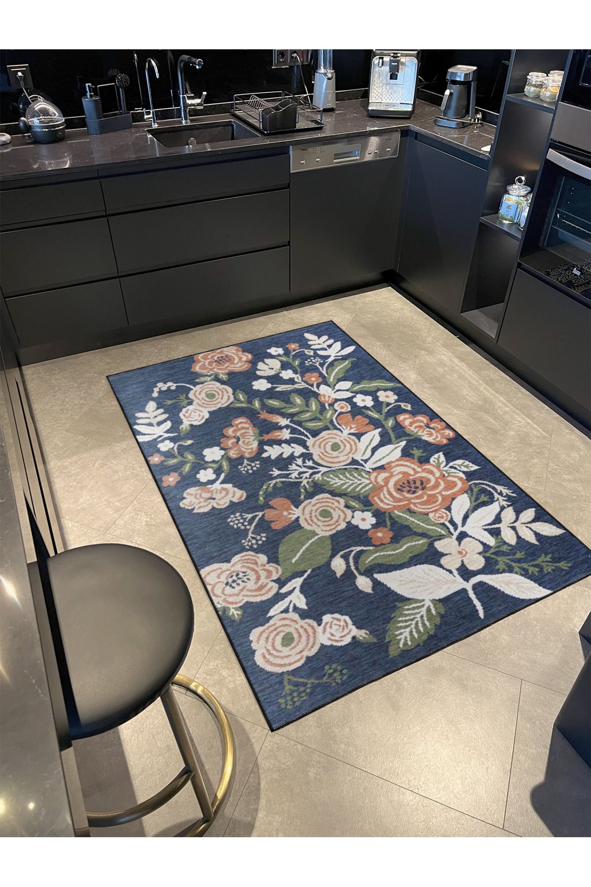 Siyah Çiçekli Karabağ Geleneksel Hasır ve Kahverengi Desenli Dekoratif Yıkanabilir Halı miravip8421