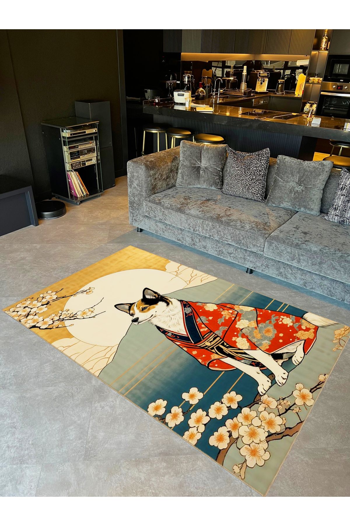 Tuğrul Koleksiyonu Güneş ve Kimono Giyen Köpek Desenli Dokuma Taban Modern Dekoratif Halı 36
