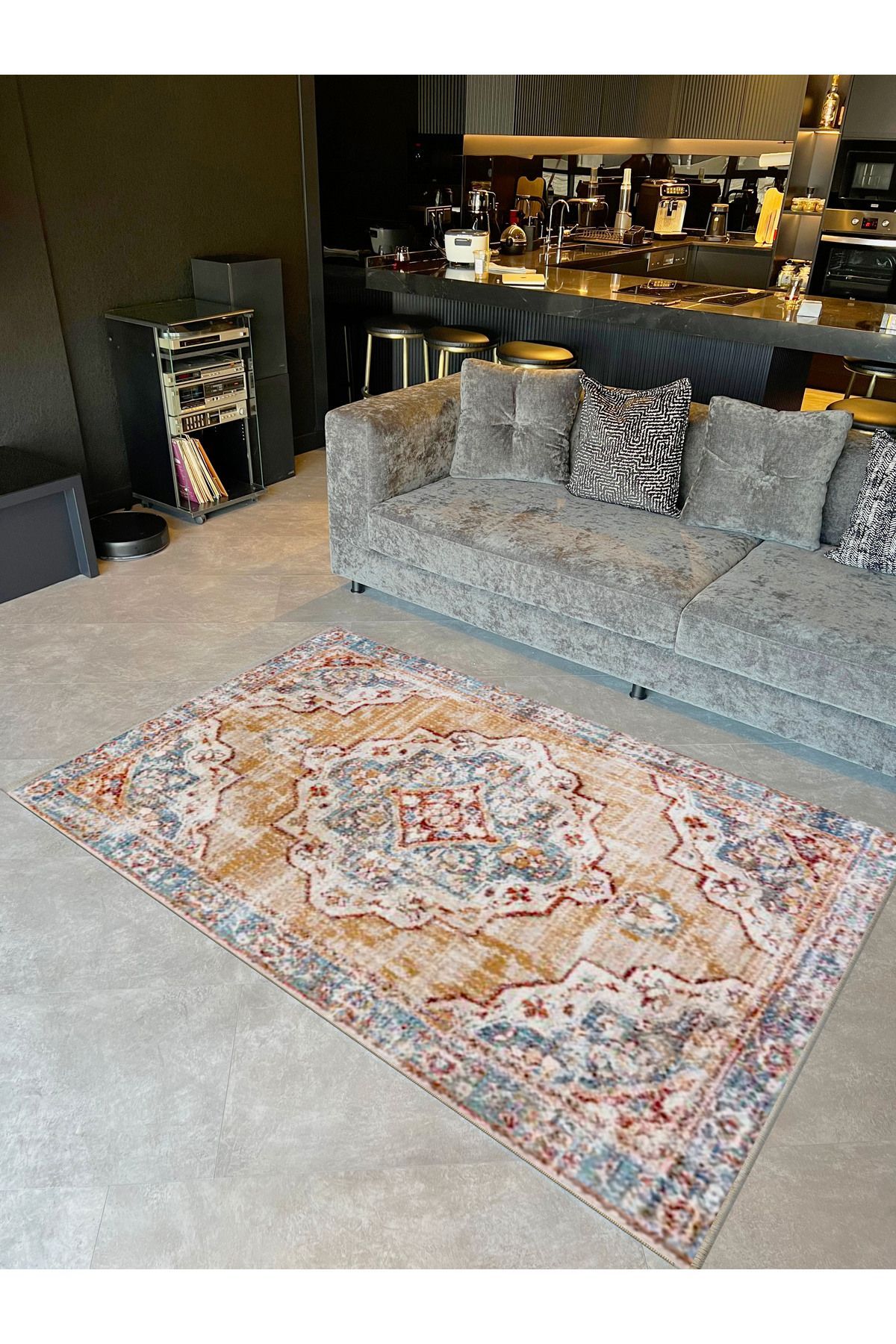 Alya Koleksiyonu Mavi Kahve Tonlarda Eskitme Görünümlü Dokuma Taban Dekoratif Halı alya01