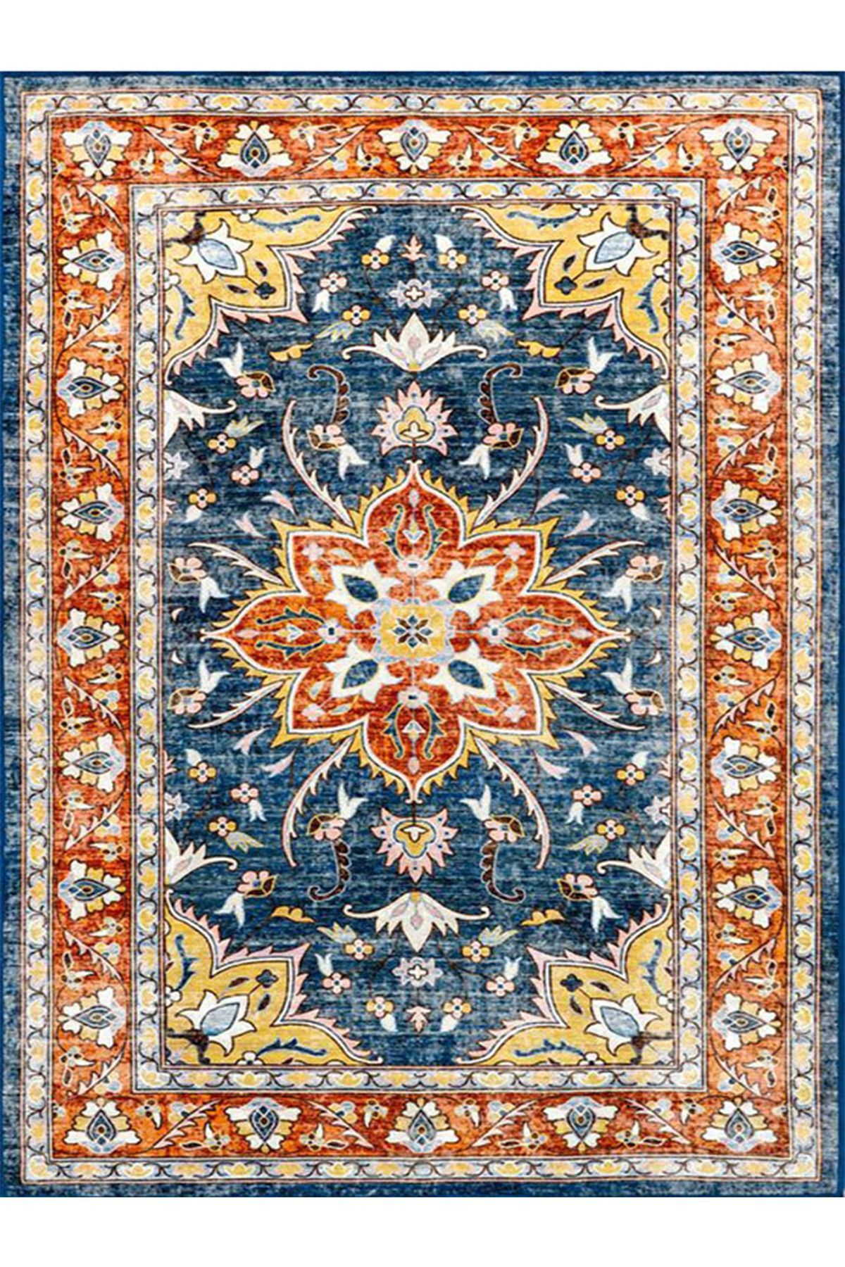 Alya Koleksiyonu Eskitme Görünümlü Mavi Turuncu Etnik Desenli Dokuma Taban Dekoratif Halı alya42