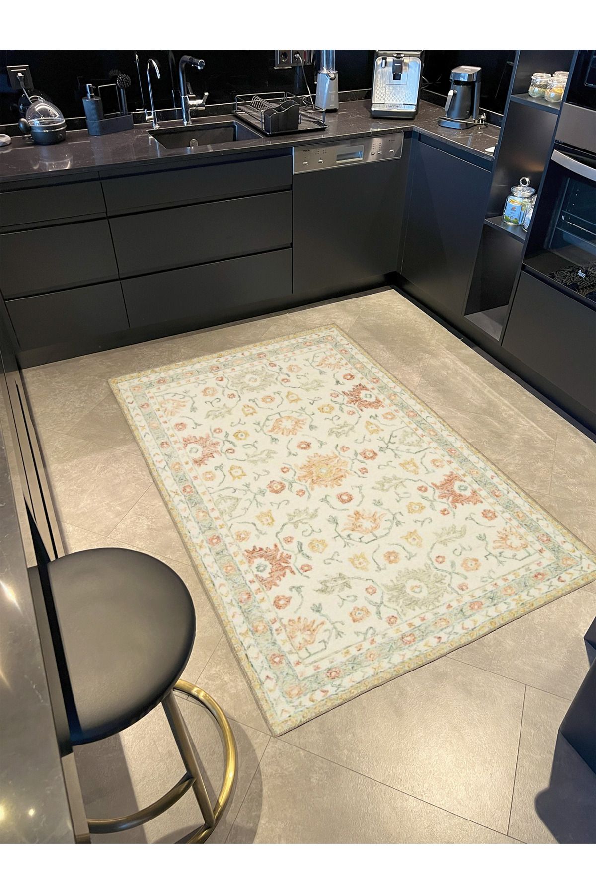 Soft Krem Floral Geleneksel Geometrik Çiçekli Desenli Dokuma Taban Halı ve Yıkanabilir Halı aloha155