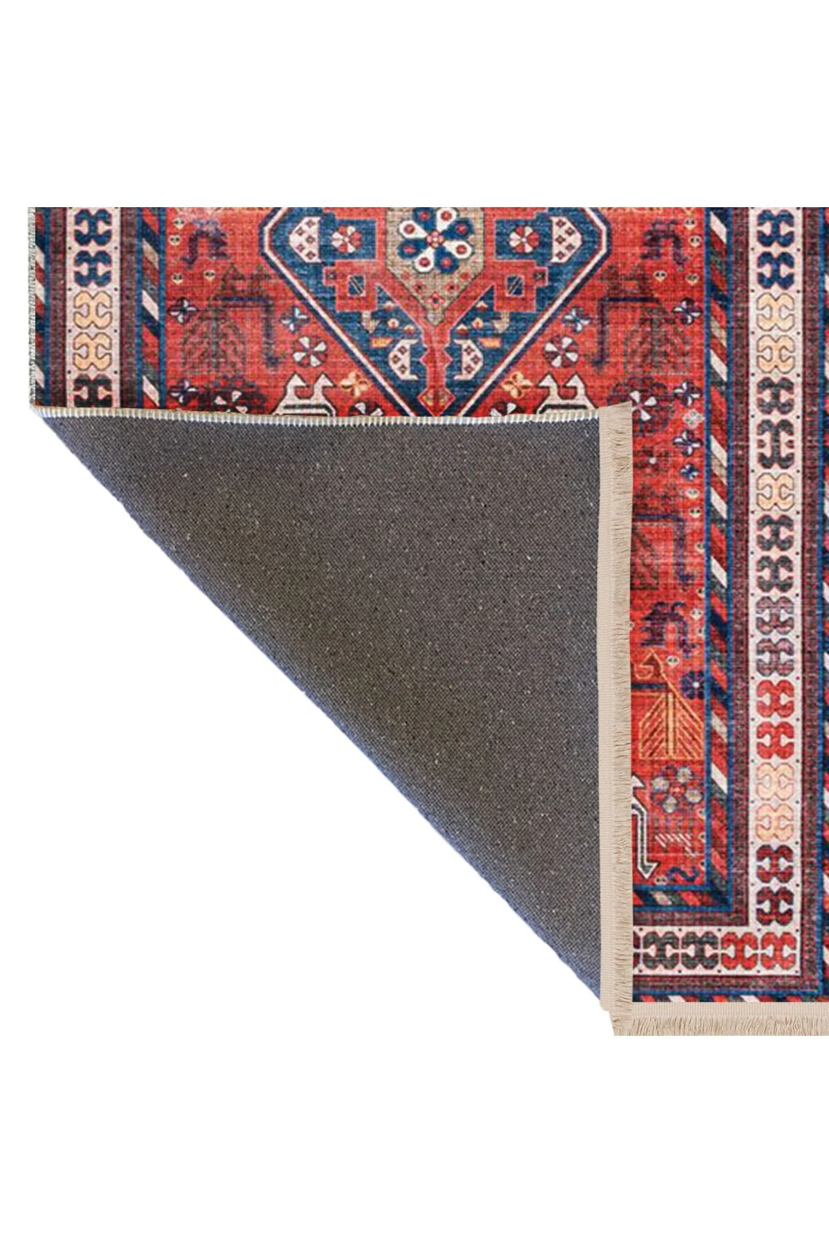 Alya Koleksiyonu Eskitme Görünümlü Mavi Bej Kırmızı Desenli Dokuma Taban Dekoratif Halı alya33