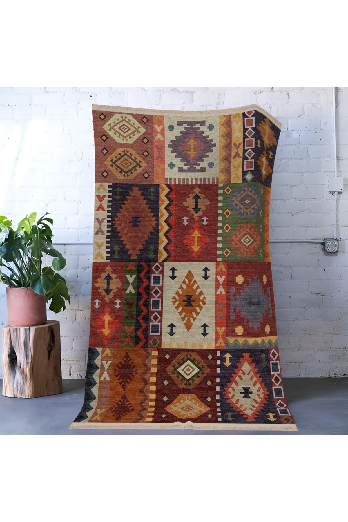 Mira Çok Renkli Kare Geleneksel Motif Etnik Desenli Vintage Dekoratif Halı Mira 1613