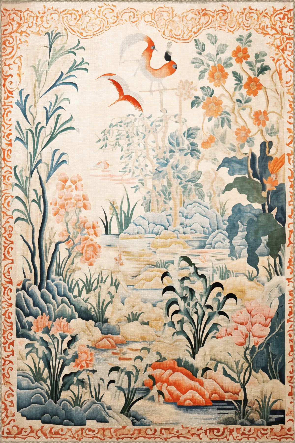Goblen Tasarım Tropikal Bitki ve Çiçek Desenli Vintage Dekoratif Halı 3190