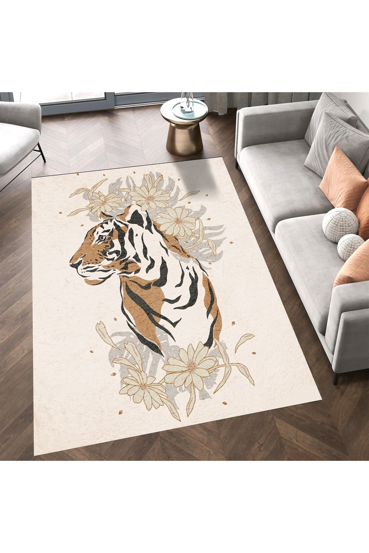 Kuzey Koleksiyonu Bej Tonlarda Kaplan Detaylı Dokuma Taban Modern Dekoratif Halı kuzey19