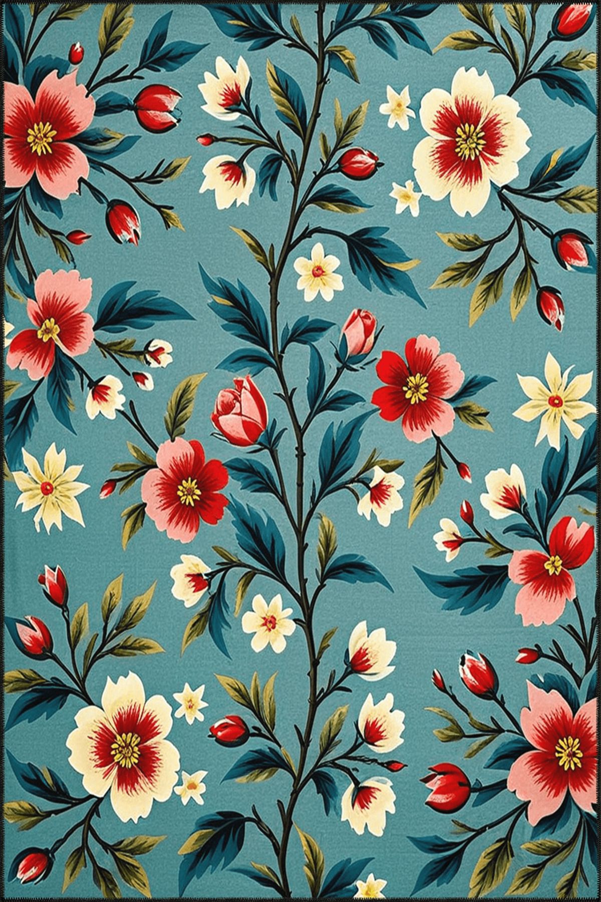 Paris Koleksiyonu Mavi Tema Kırmızı Çiçek ve Gül Desenli Kreatif Modern Dekoratif Halı 115