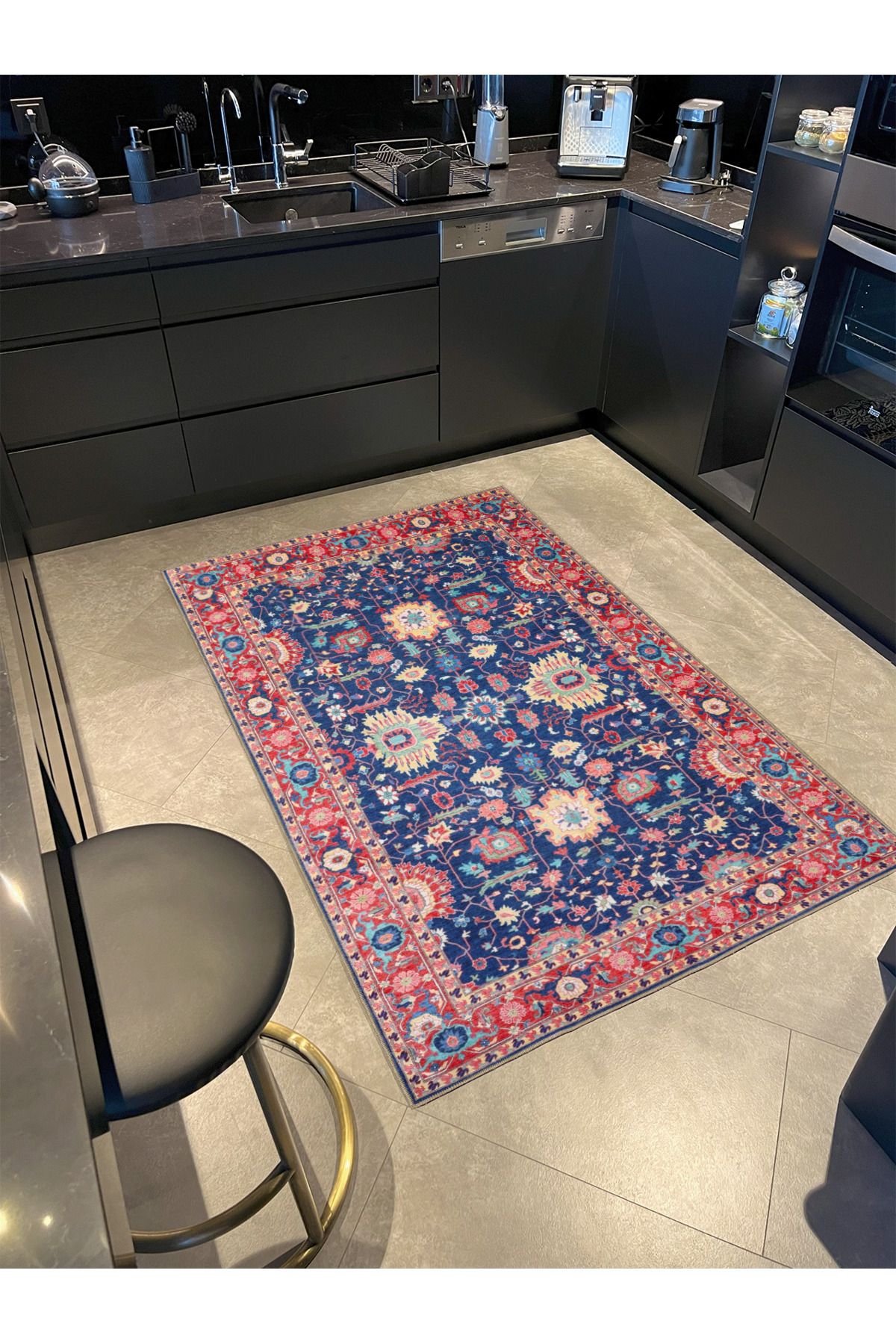 Kırmızı Mor Çiçekli Geometrik Temalı Desenli Dokuma Taban Halı ve Yıkanabilir Halı aloha42