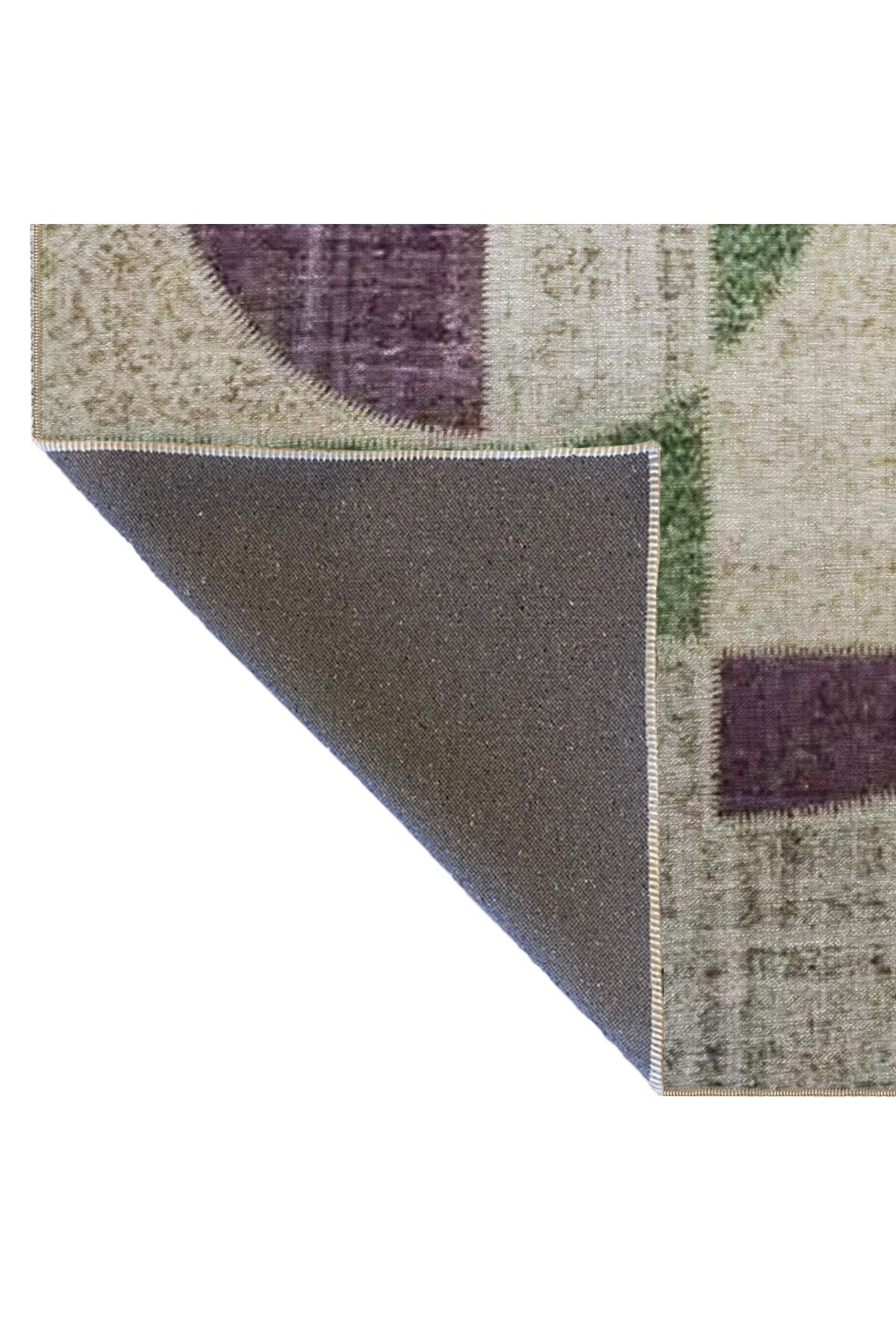 Bej Temalı Yeşil Mor Soyut Geometrik Desenli Modern Dekoratif Halı 3462