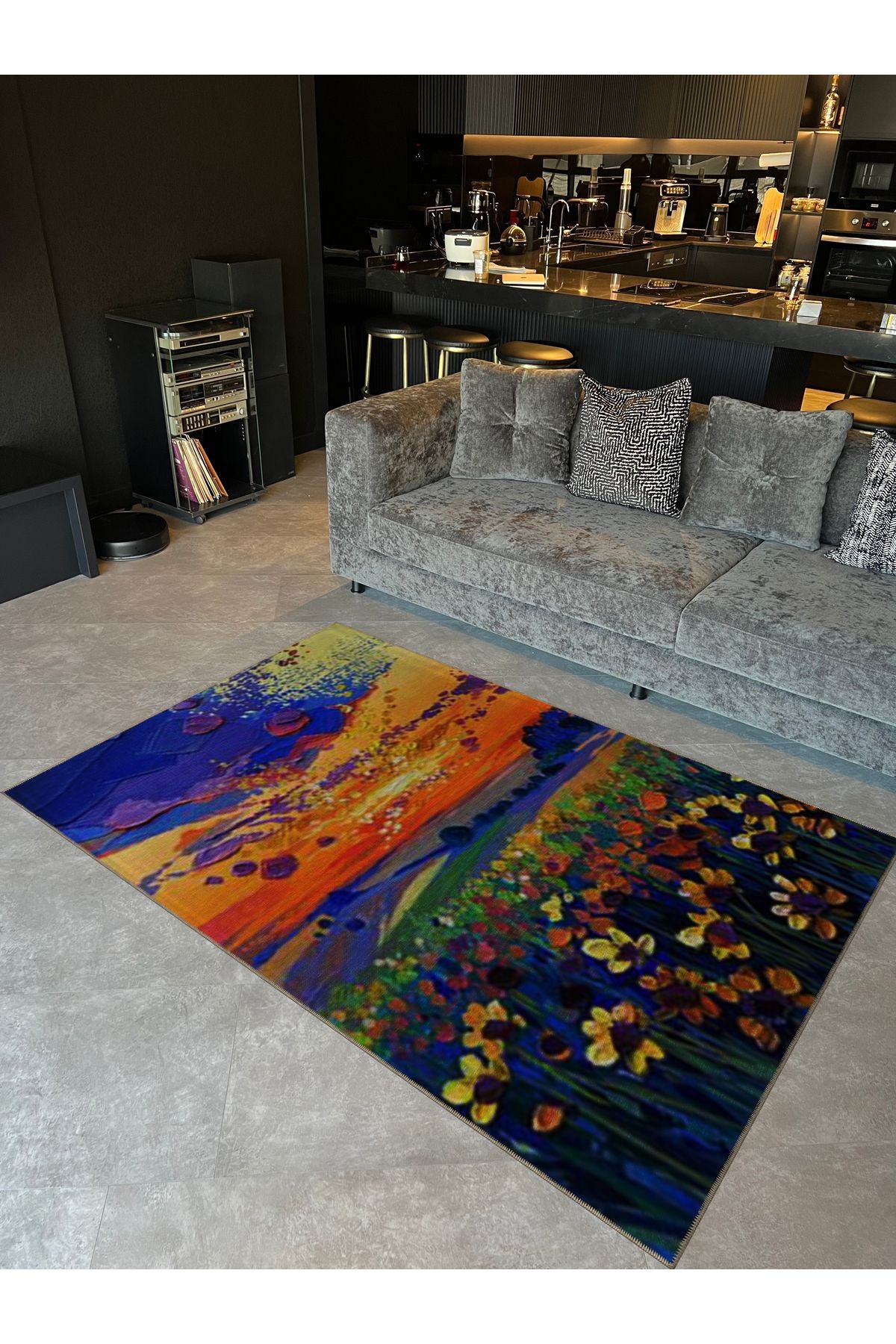 Pastel Renkler Soyut Çayır ve Güneş Manzarası Desenli Kreatif Modern Dekoratif Halı 5384