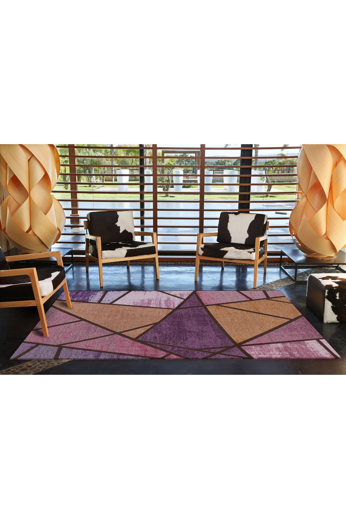 Mira Mor Turuncu Ton Geometrik Üçgen Desenli Modern Dekoratif Halı Mira 1568