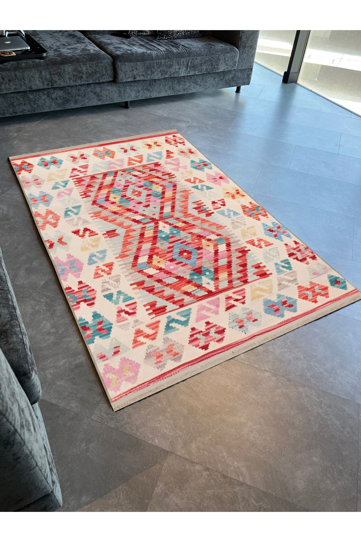 Açık Ton Çok Renkli Karma Geometrik Şekil Desenli Modern Dekoratif Halı 1955