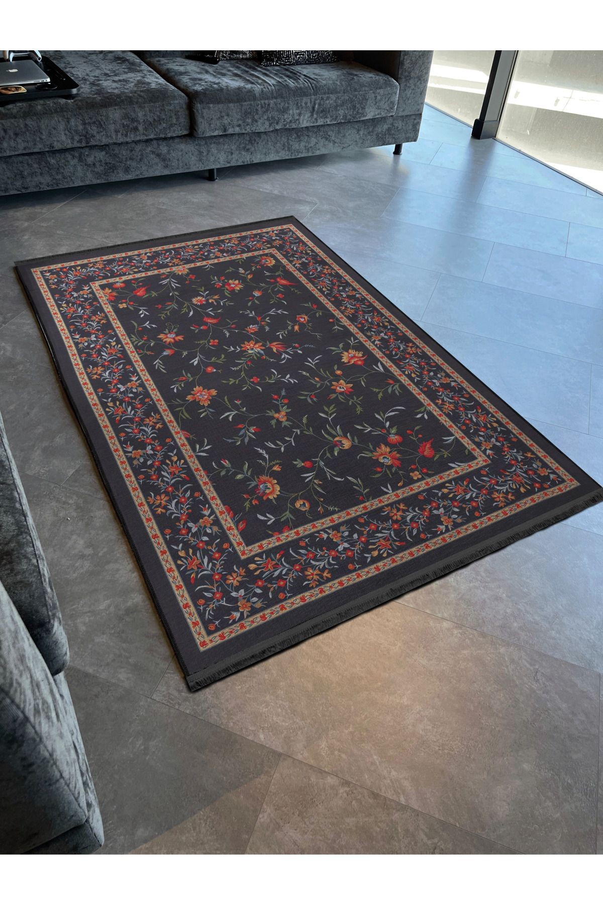 Koyu Ton Çok Renkli Motifli Etnik Çiçek Desenli Kreatif Vintage Dekoratif Halı 2554