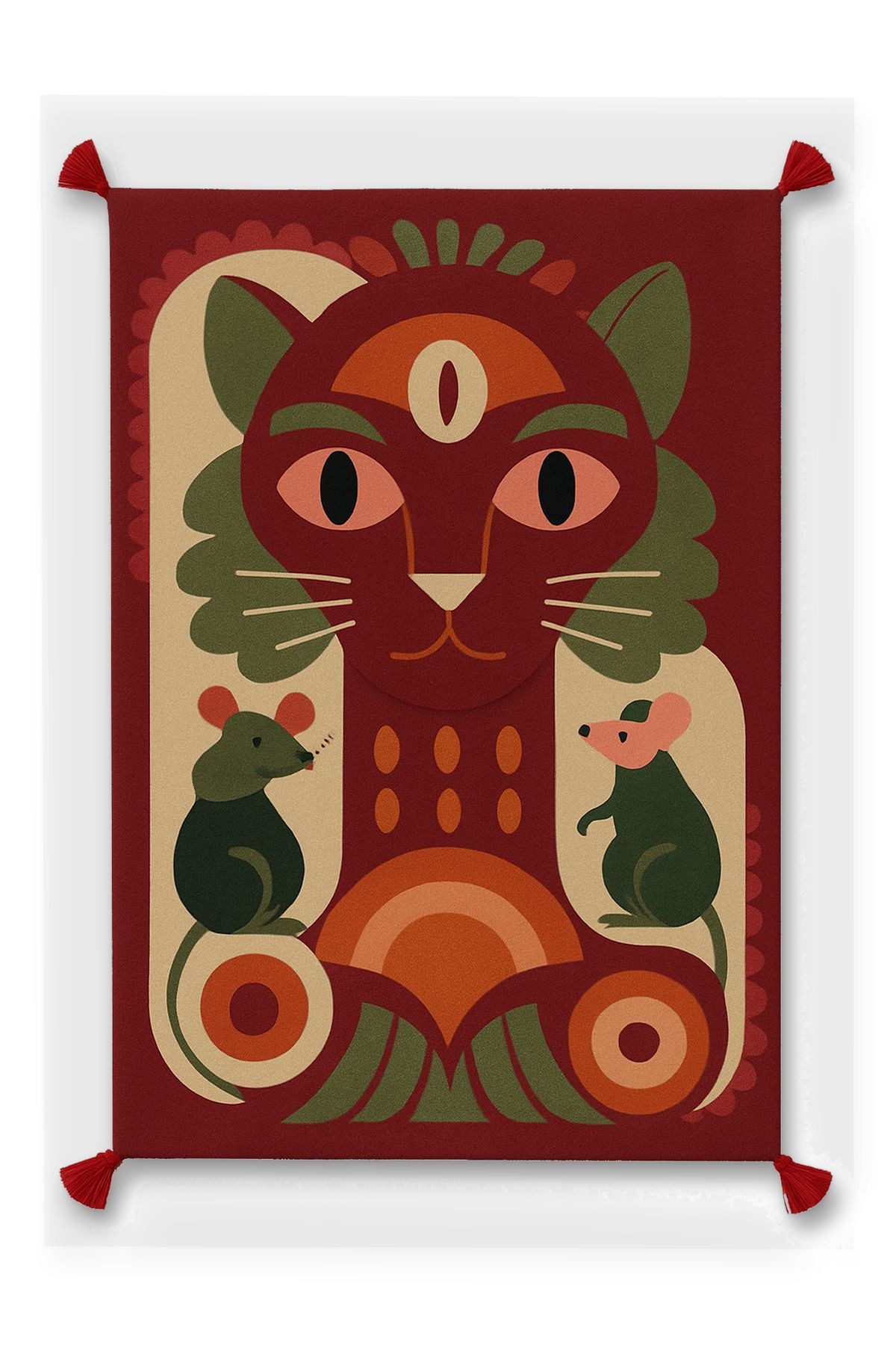 MOSSO Kedi Fare Soyut Desenli Püskül Detaylı Dokuma Taban Modern Dekoratif Halı mosso82