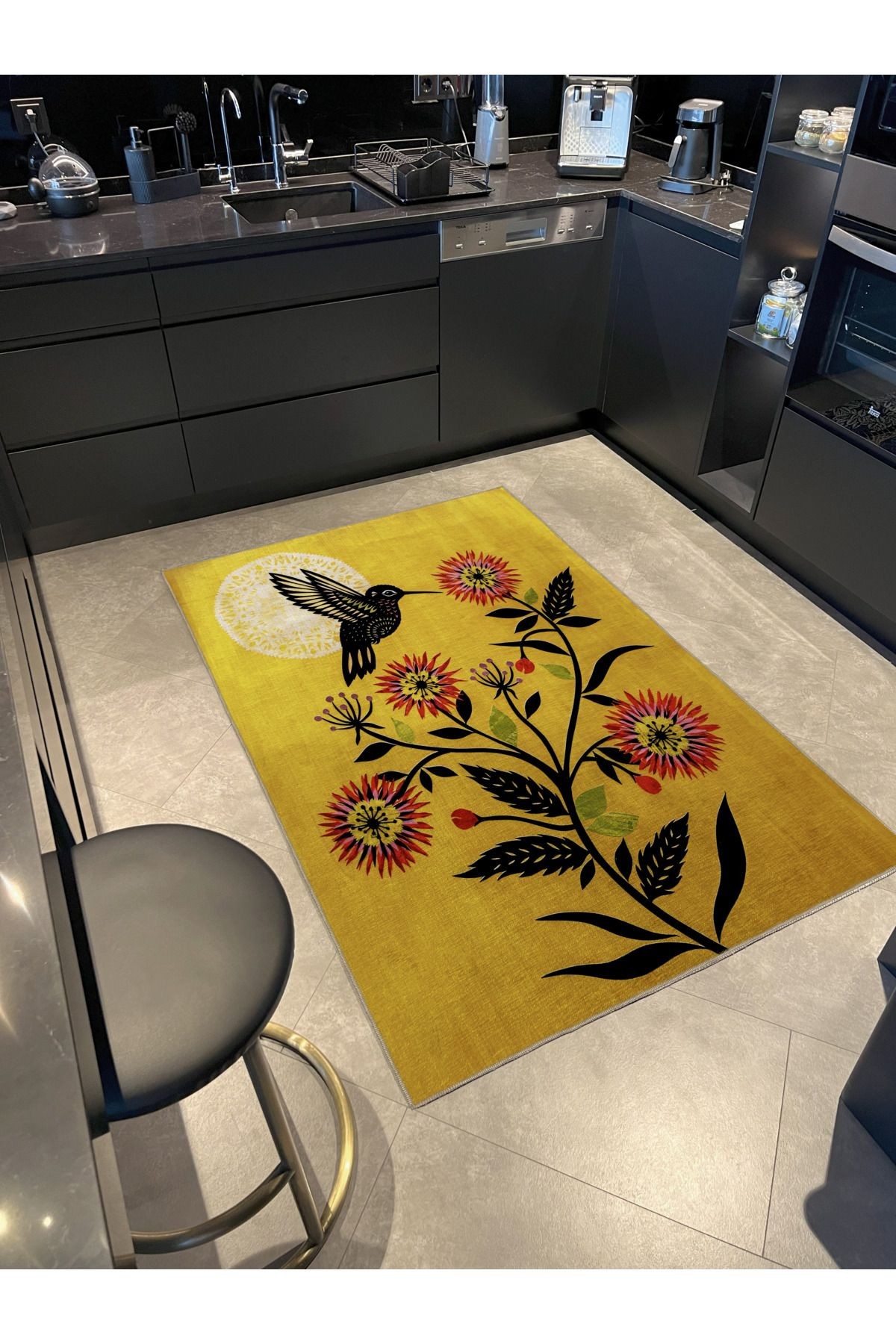 Sarı Temalı Gün Doğumu ve Çiçek Desenli Kreatif Modern Dekoratif Halı 2154