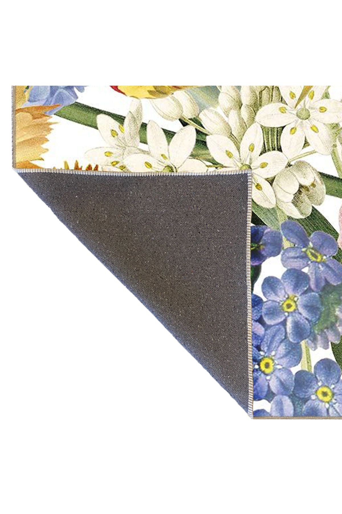 Floral Temalı Çok Renkli Karma Çiçek Menekşe Gül Desenli Modern Dekoratif Halı 4952