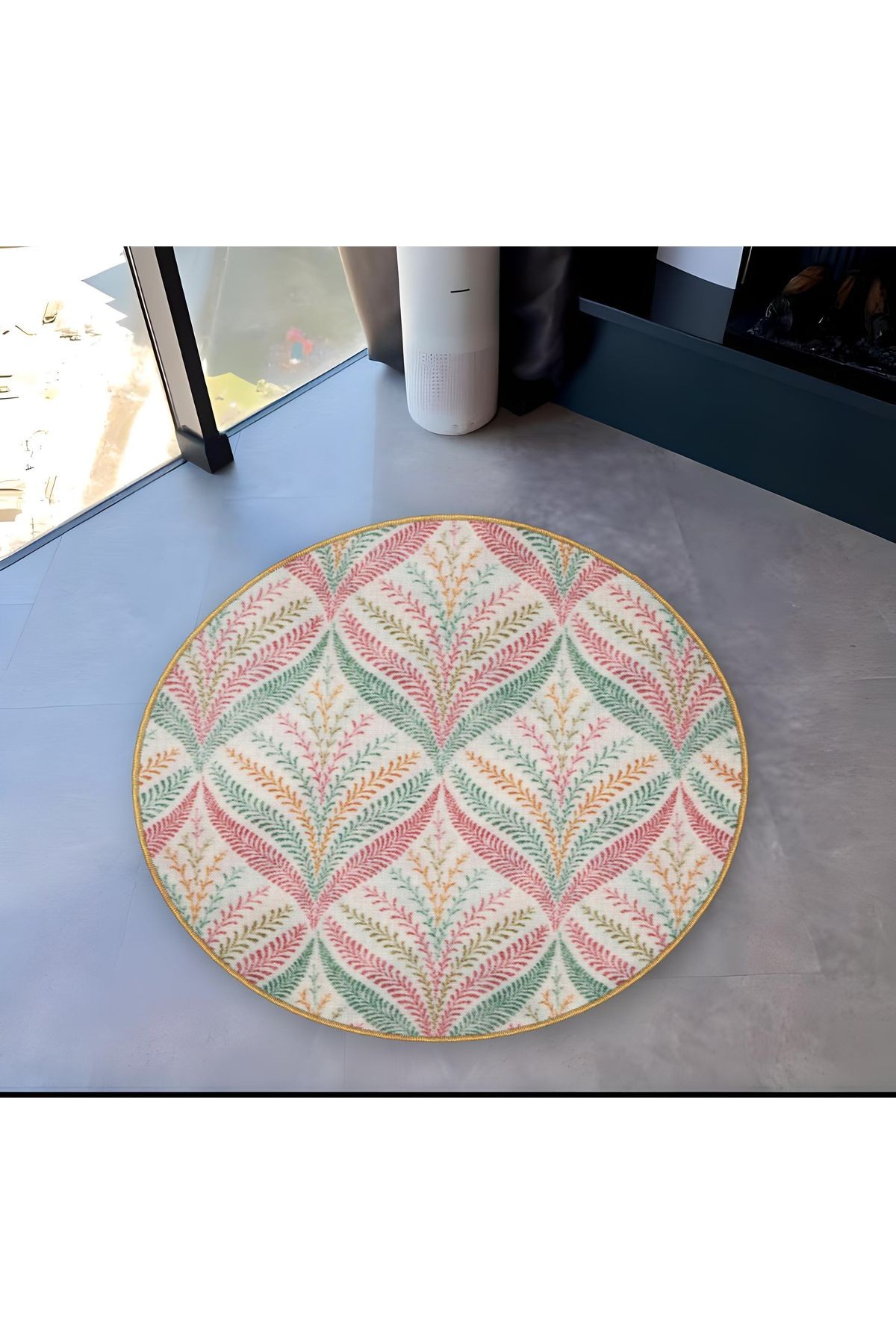 Açık Ton Renkli Floral Çiçek Desenli Yuvarlak Dokuma Taban Modern Dekoratif Halı 6080