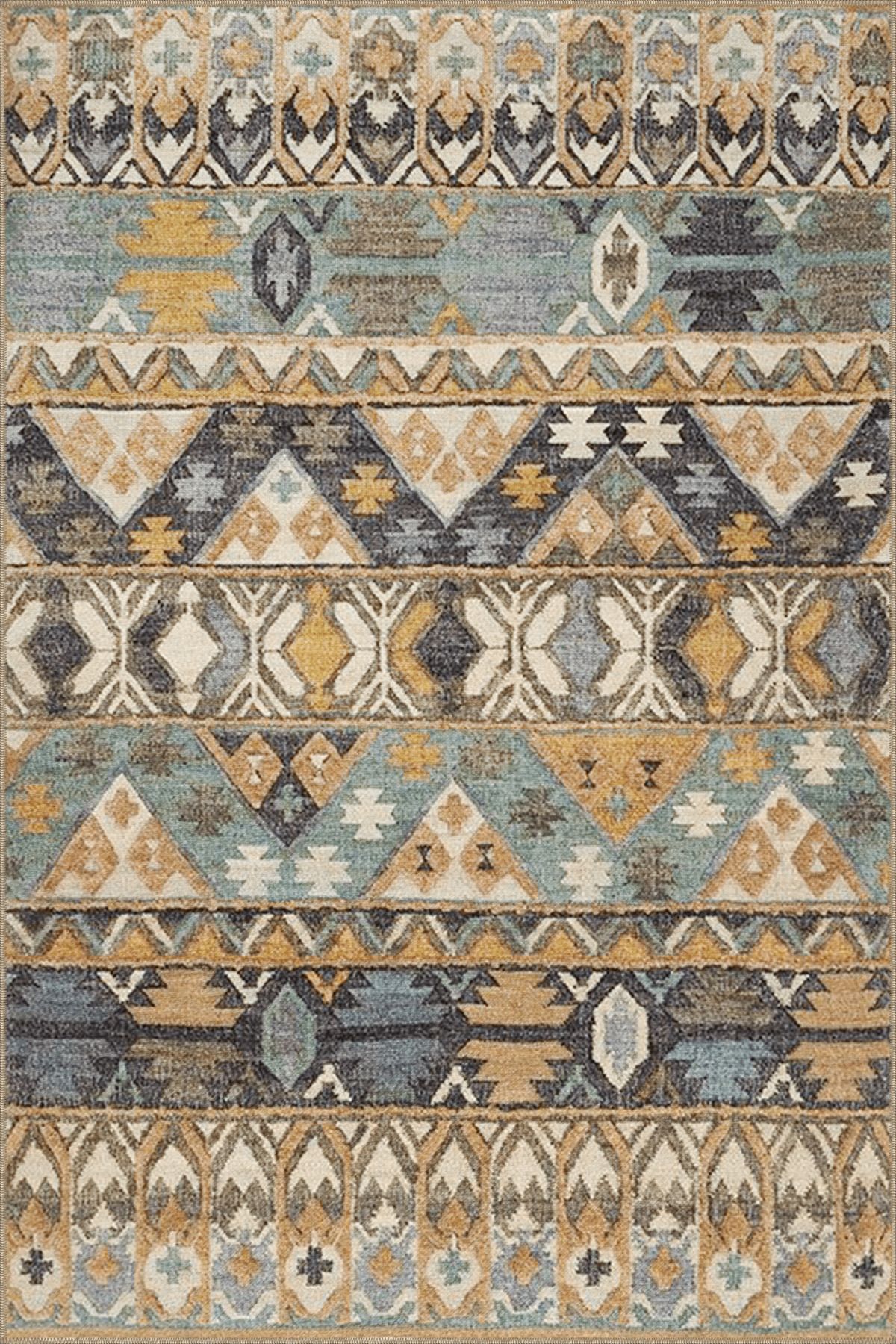 Mavi Bej Temalı Motifli Etnik Desenli Vintage Dekoratif Halı 3896