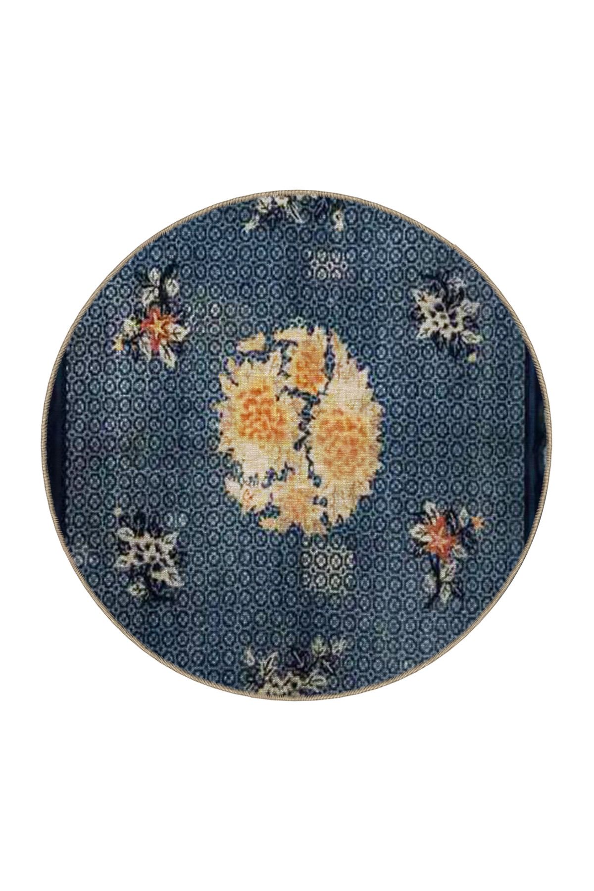 Lacivert Temalı Motifli Etnik Çiçek Desenli Vintage Dekoratif Halı 3489