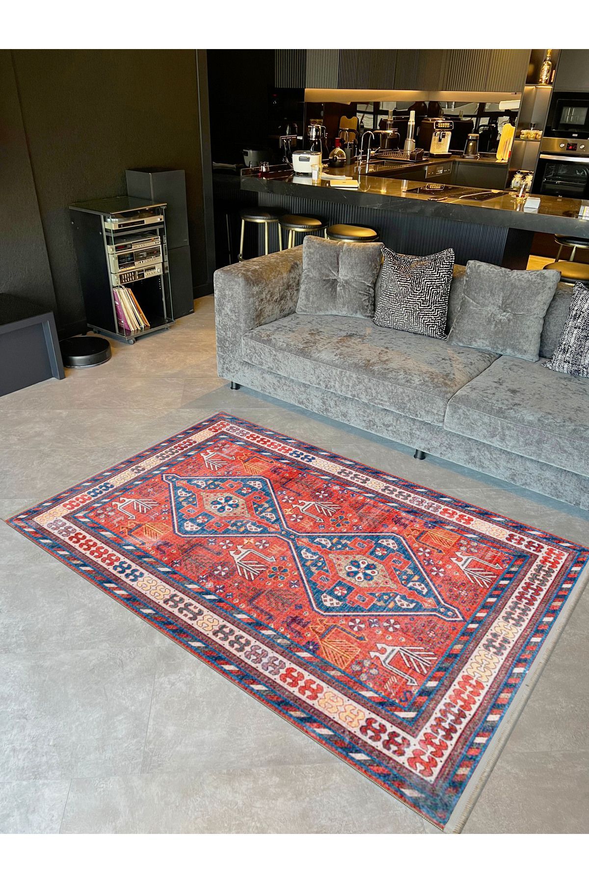 Alya Koleksiyonu Eskitme Görünümlü Mavi Bej Kırmızı Desenli Dokuma Taban Dekoratif Halı alya33
