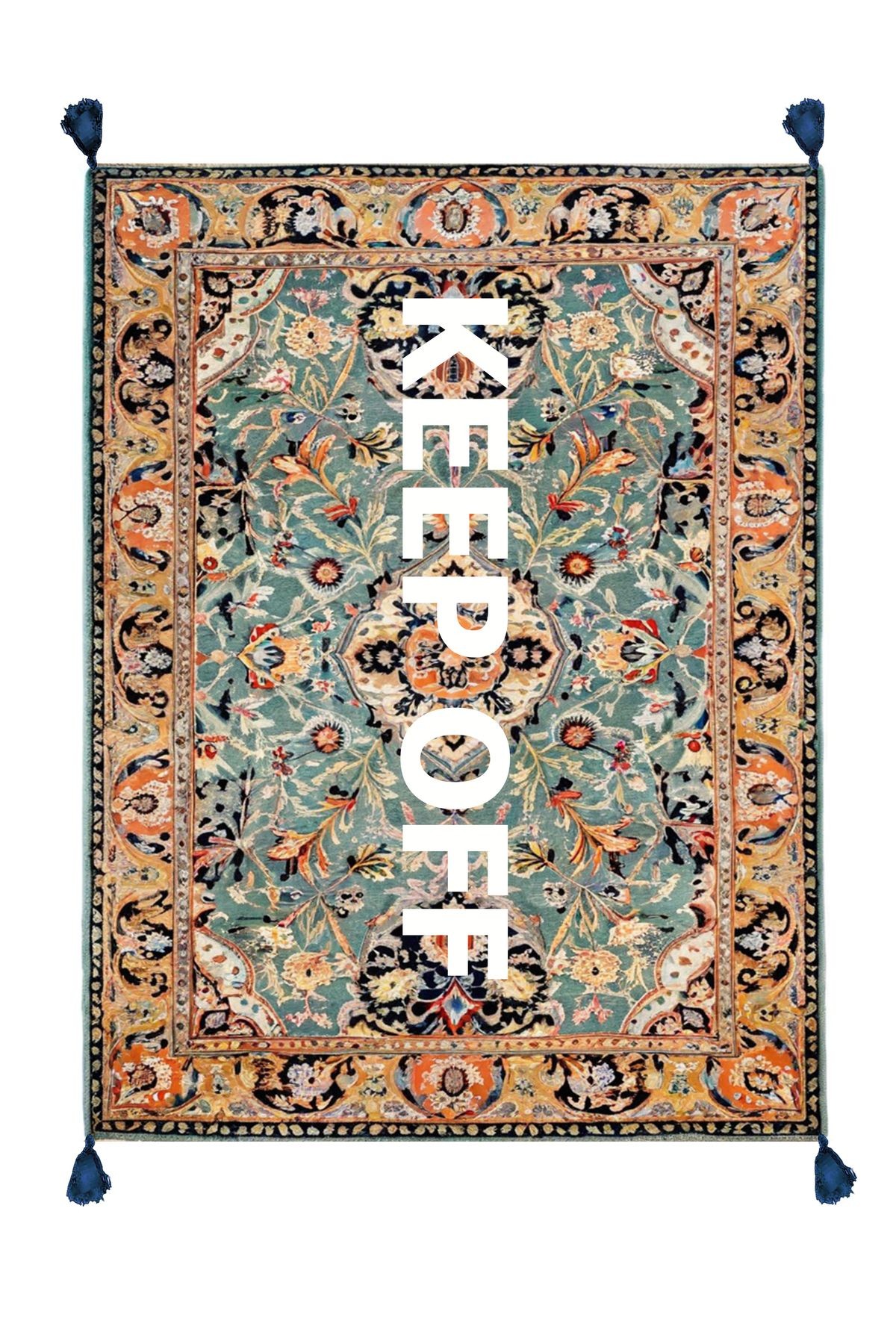 Tokyo Koleksiyonu Turkuaz Tema Floral Keep Off Yazılı Desenli Dokuma Taban Vintage Dekoratif Halı 25