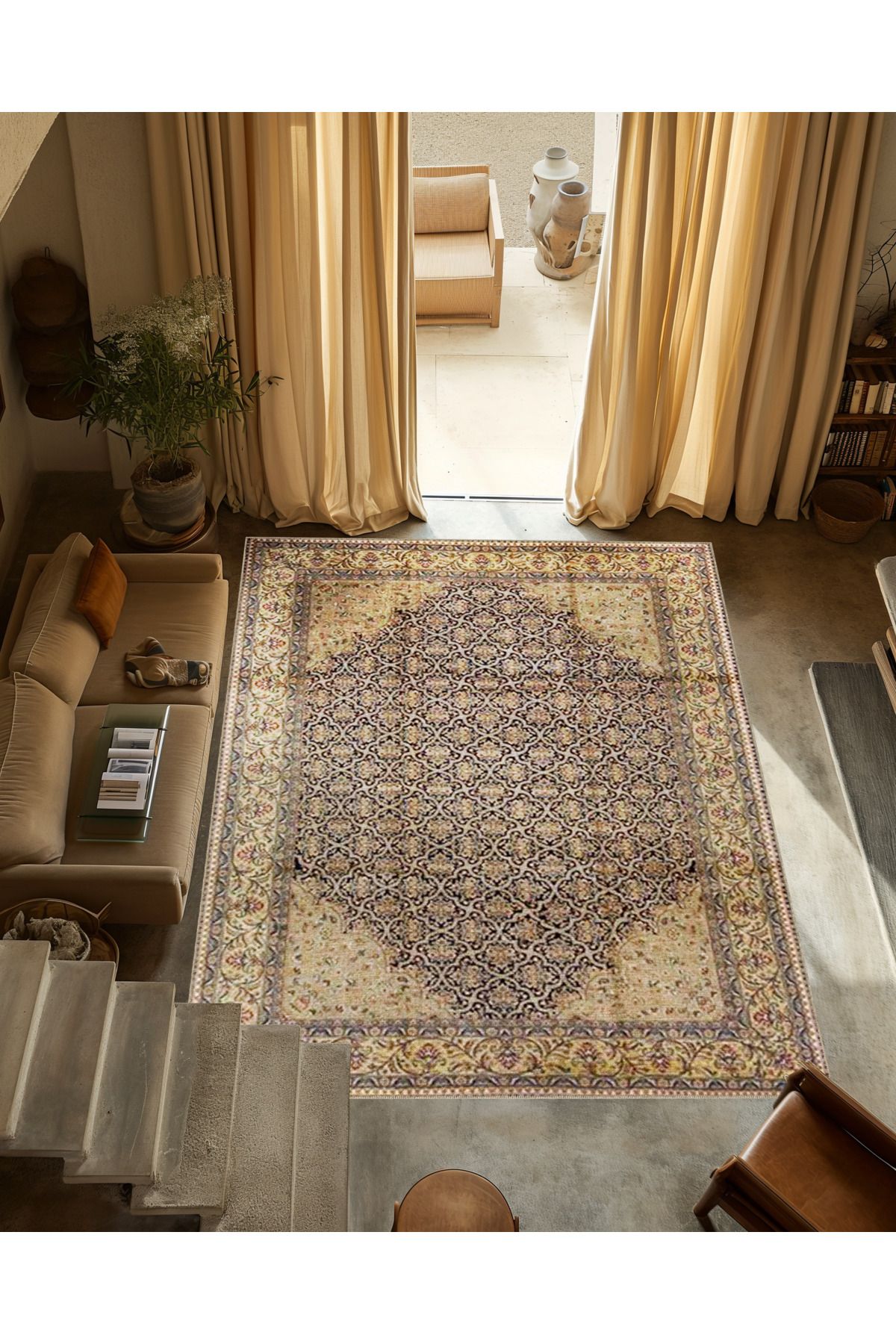 Kahve Bej Temalı Geleneksel Motif Etnik Desenli Vintage Dekoratif Halı 3287