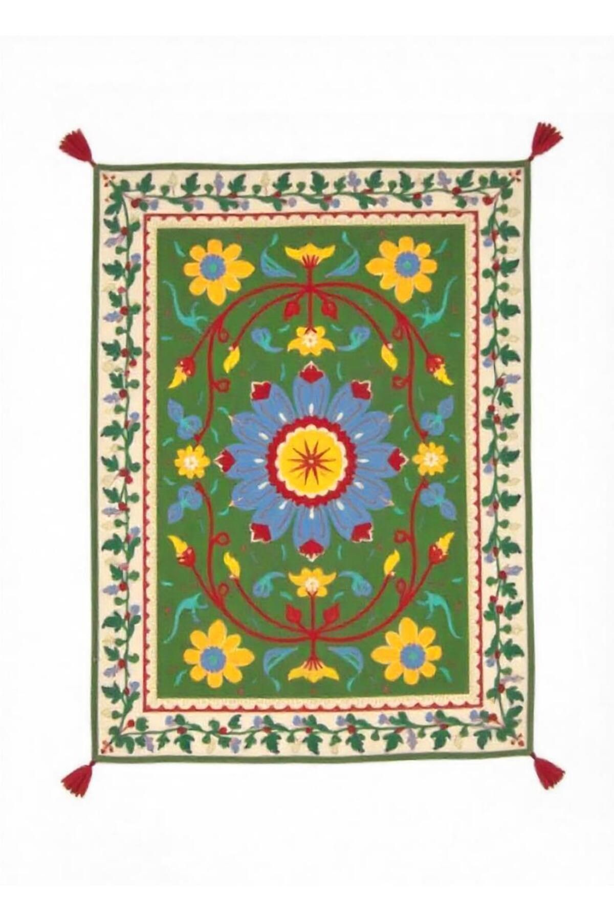 Haryana Koleksiyonu Yeşil Temalı Çiçek ve Karma Figür Desenli Dokuma Taban Modern Dekoratif Halı 19