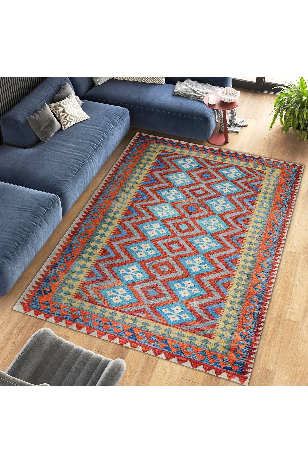 Mete Koleksiyonu Mavi ve Kırmızı Temalı Etnik Geometrik Motif Desenli Vintage Dekoratif Halı 22