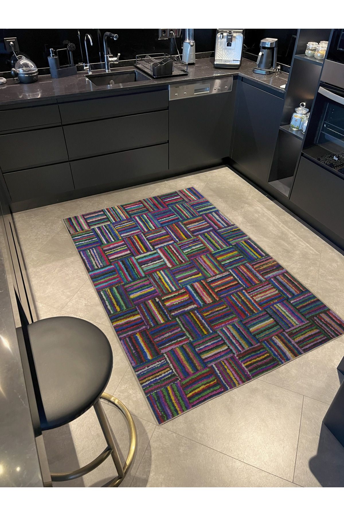 Çok Renkli Örgü Tasarım Kare Geometrik Desenli Kreatif Modern Dekoratif Halı 3023