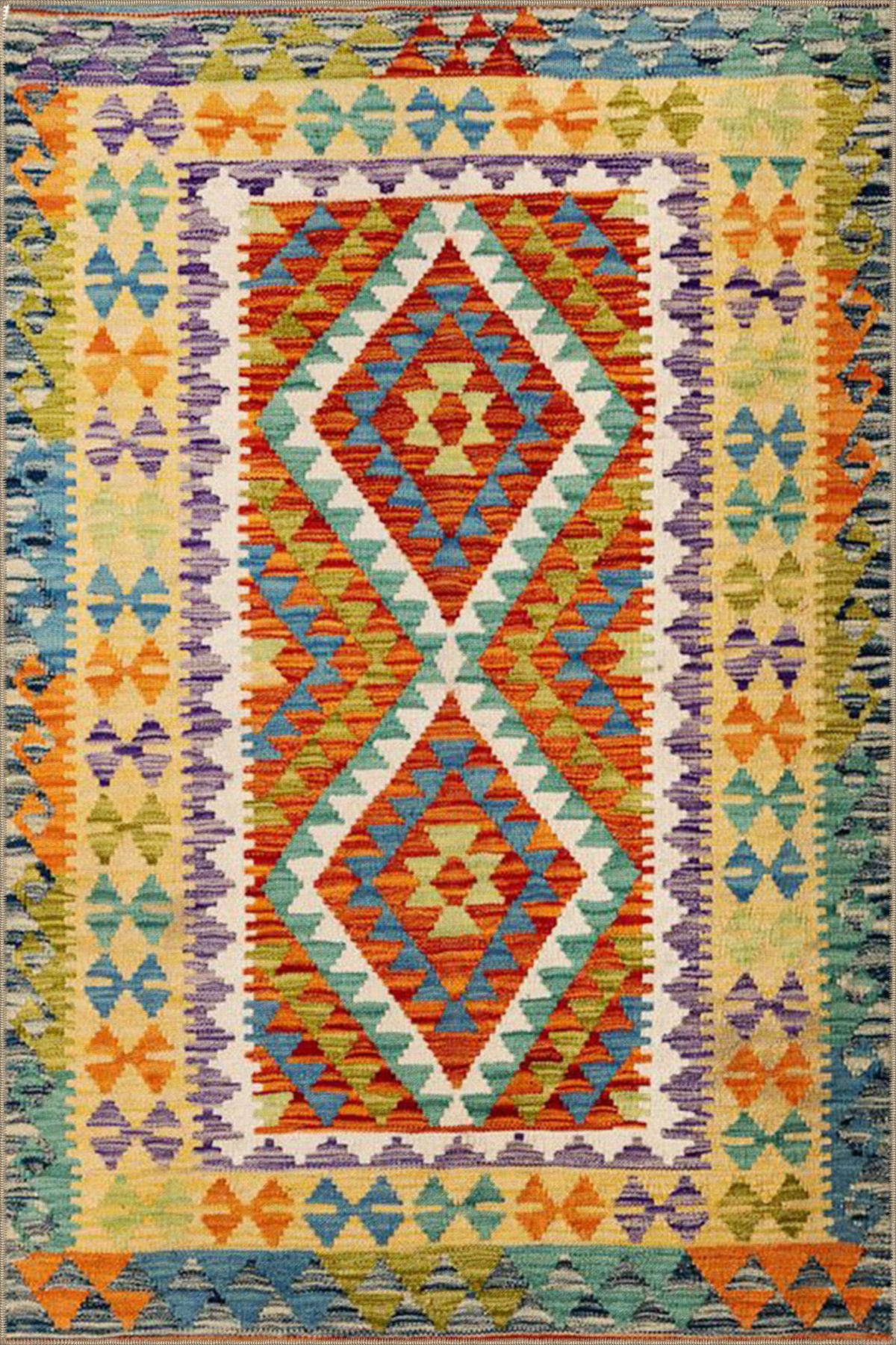 Sarı Turuncu Renkli Baklavalı Desenli Dokuma Taban ve Dekoratif Halı miravip77