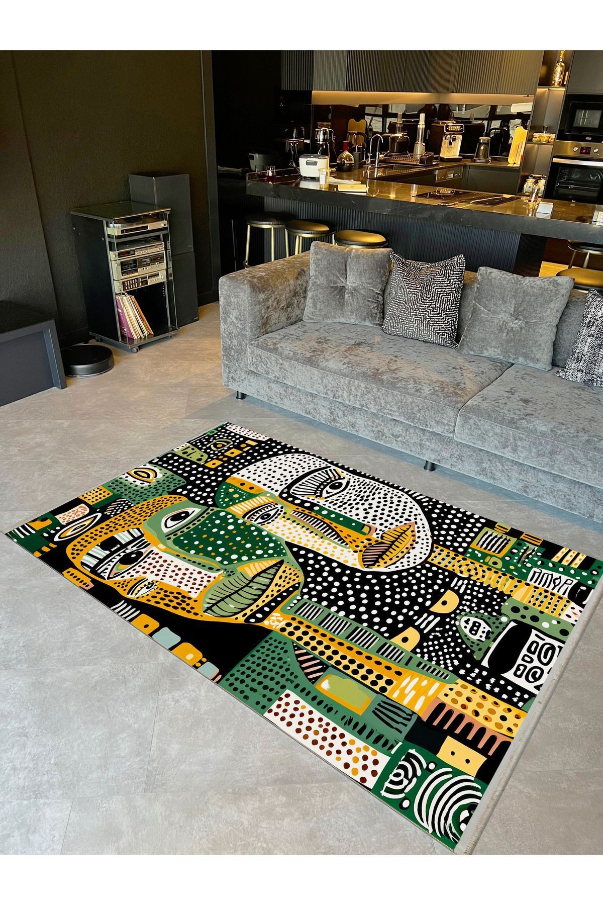 Paris Koleksiyonu Sarı Yeşil Puantiyeler ve Yüz Silüeti Desenli Modern Dekoratif Halı paris27