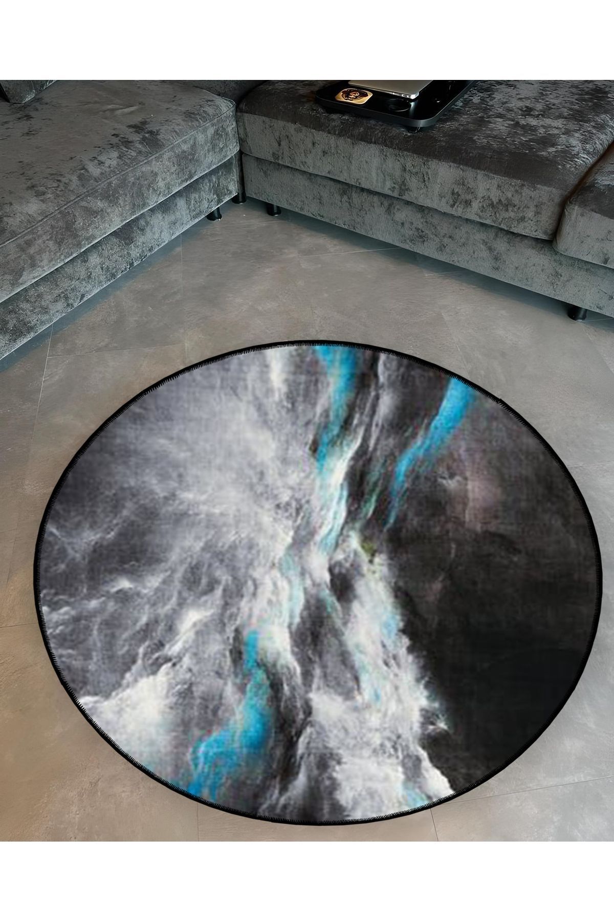 Mira Yuvarlak Koyu Tonlarda Mavi Renk Detaylı Dokuma Taban Modern Dekoratif Halı 5565