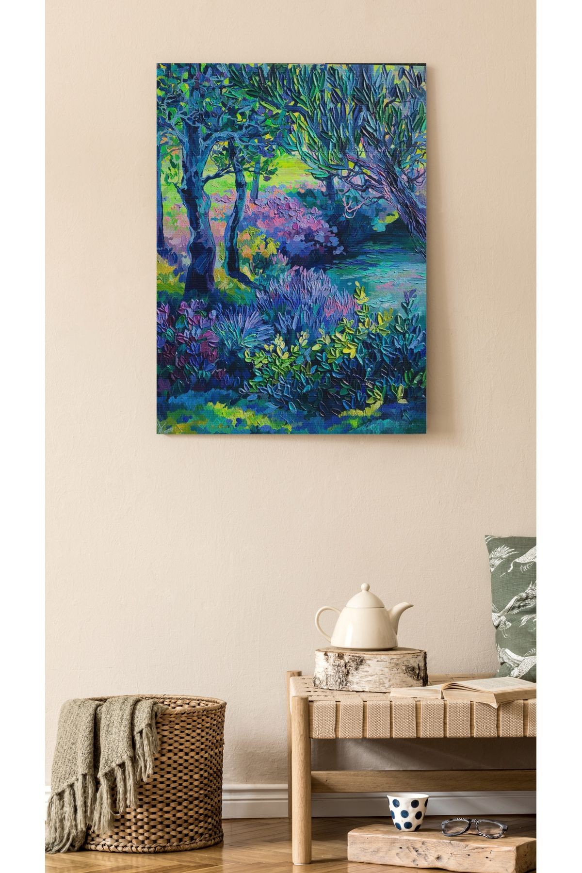 Kanvas Tablo Mavi Temalı Orman Doğa Çiçek Desenli Modern Tablo