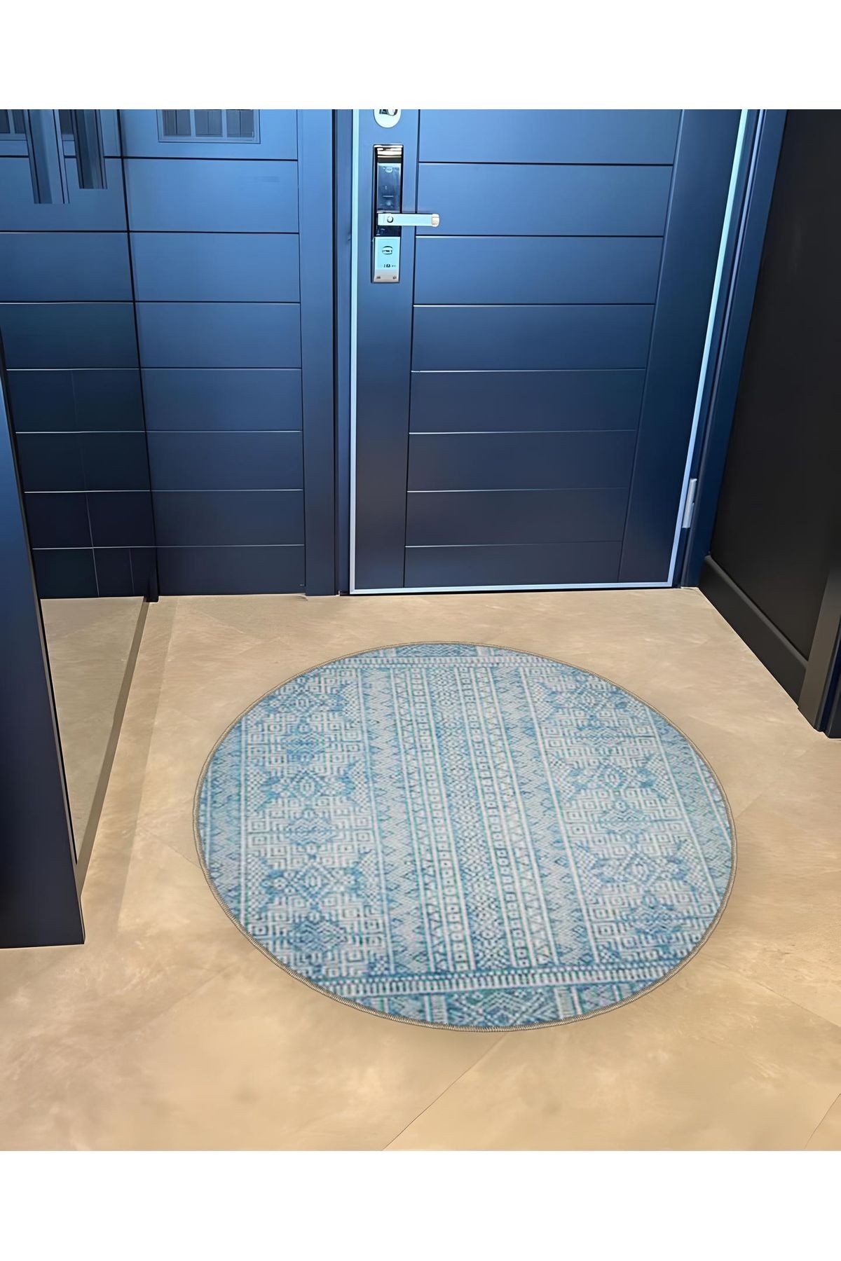 Mira Yuvarlak Açık Mavi Beyaz Etnik Desenli Dokuma Taban Modern Dekoratif Halı 5548
