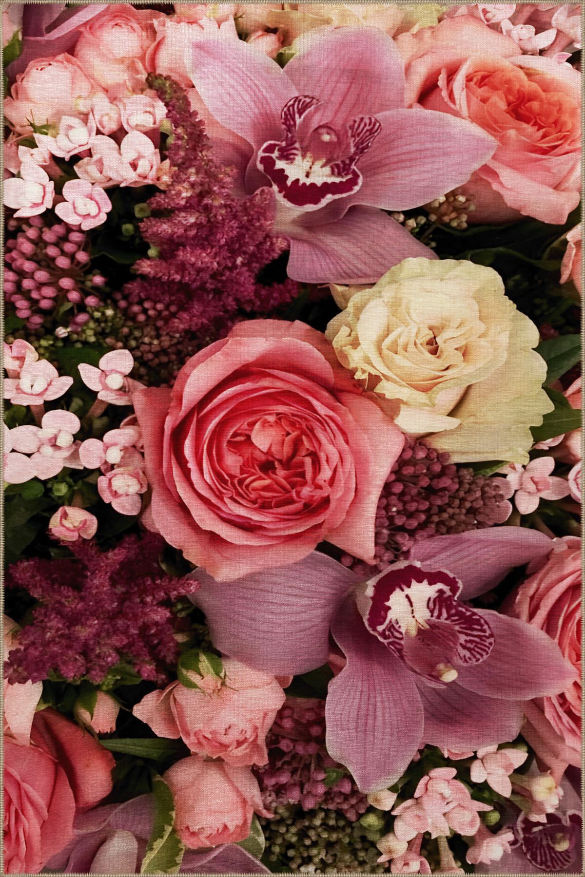 Mor Pembe Temalı Gül ve Çiçek Desenli Kreatif Modern Dekoratif Halı 2316