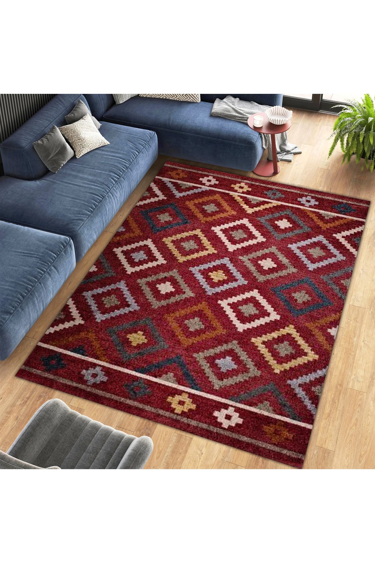 Kuzey Koleksiyonu Koyu Tonlarda Etnik Desenli Dokuma Taban Dekoratif Halı kuzey16