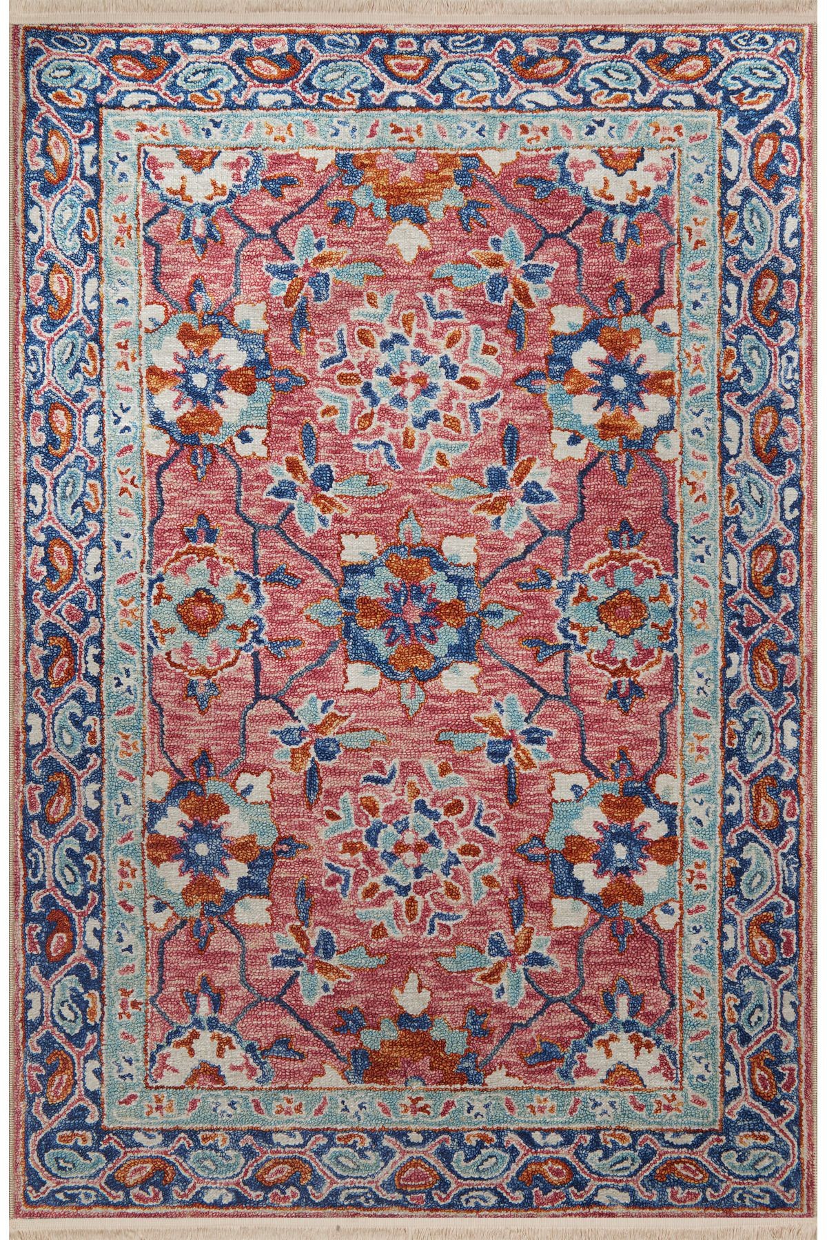 Mavi Pudra Temalı Çok Renkli Geleneksel Motif Çiçek Desenli Vintage Dekoratif Halı 2668