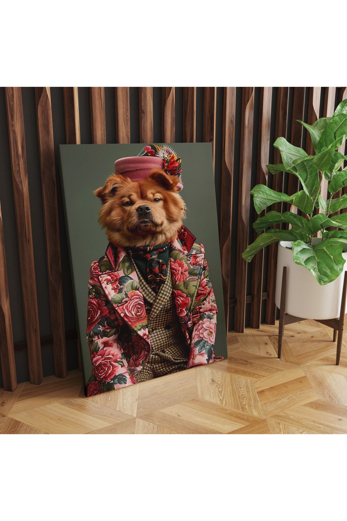 Kanvas Tablo Çiçekli Ceket ve Şapka Detaylı Köpek Desenli tablo5009