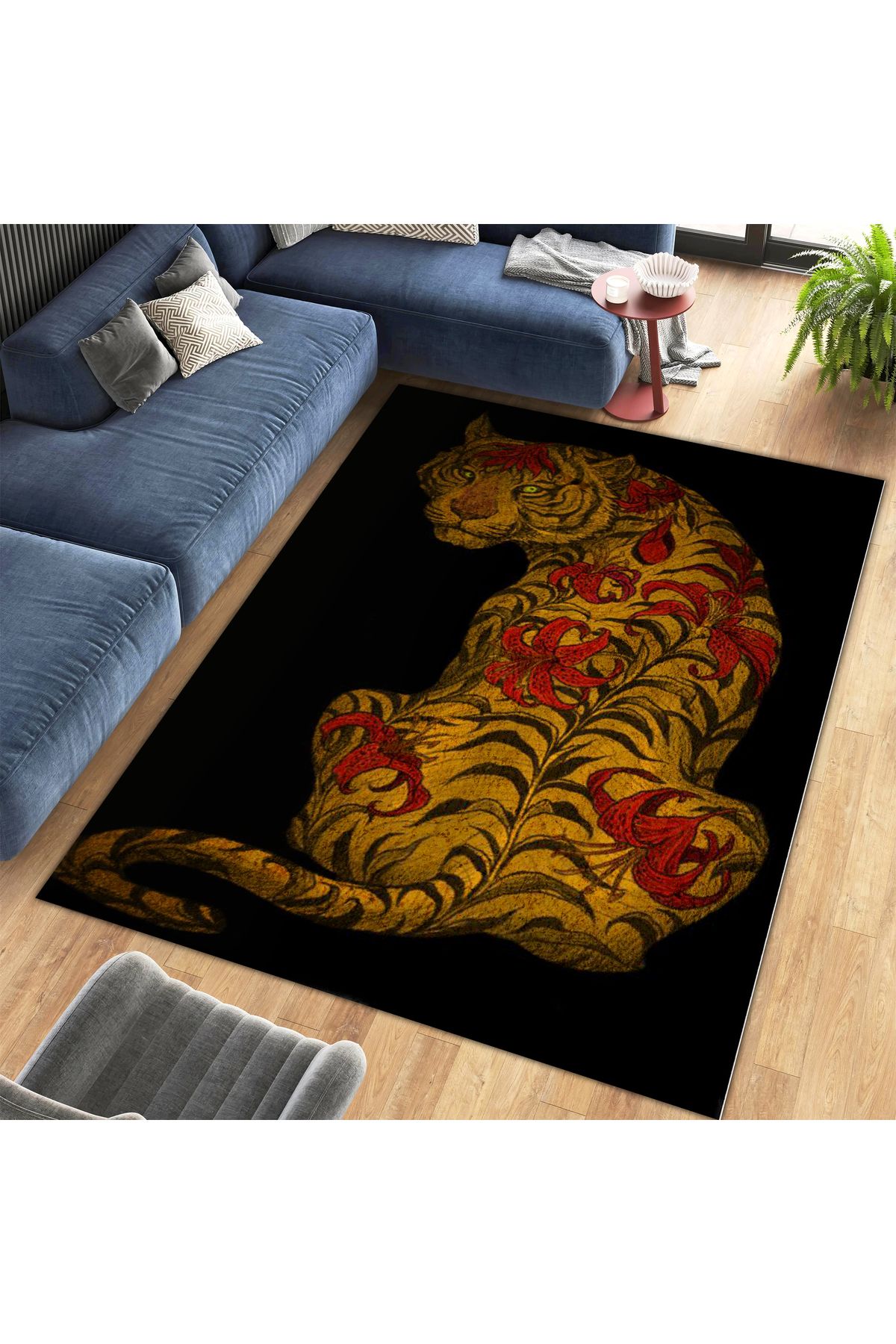 Kuzey Koleksiyonu Kırmızı Çiçek Detaylı Kaplan Desenli Dokuma Taban Dekoratif Halı kuzey18