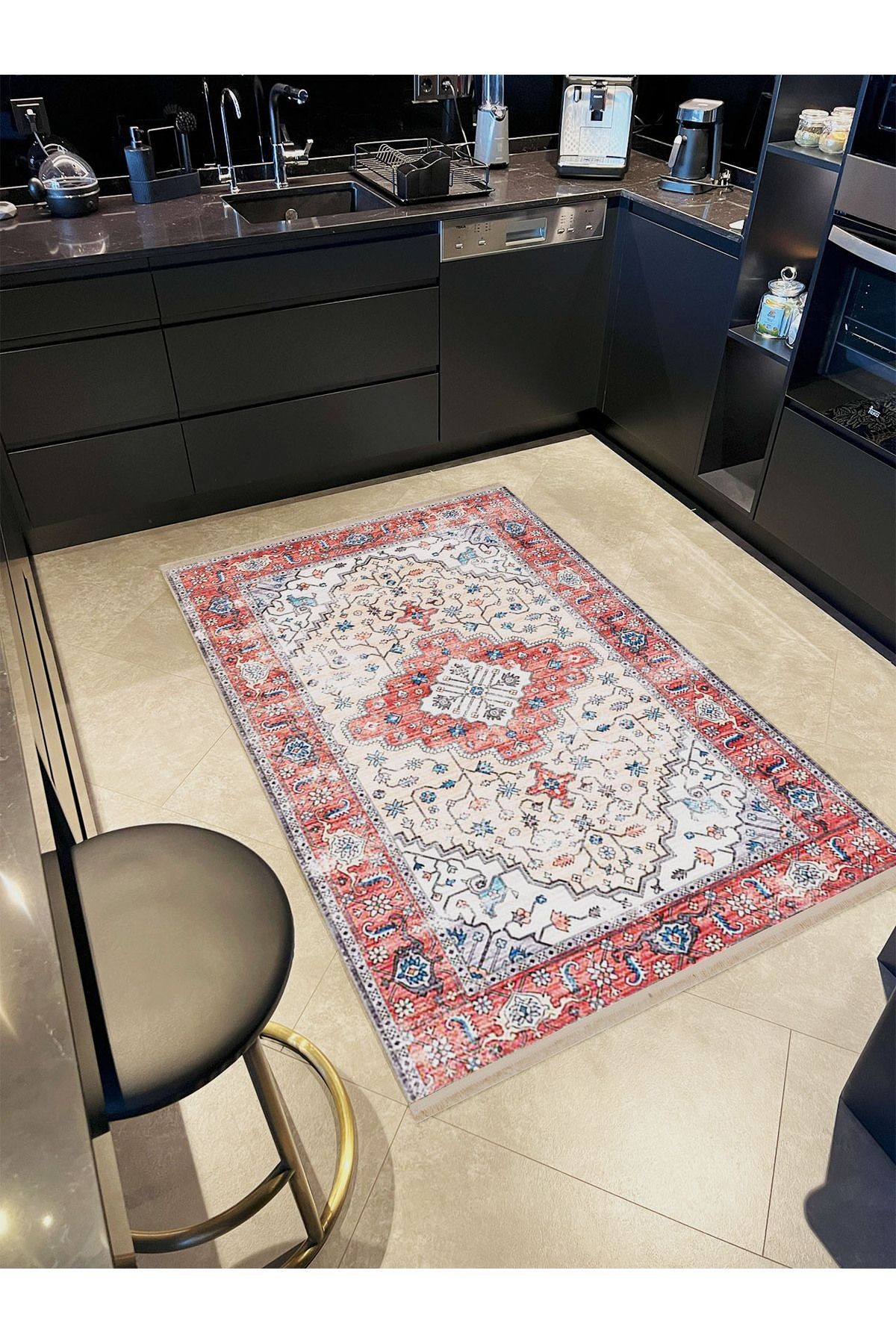 Alya Koleksiyonu Eskitme Görünümlü Bordür Detaylı Desenli Dokuma Taban Modern Dekoratif Halı alya28