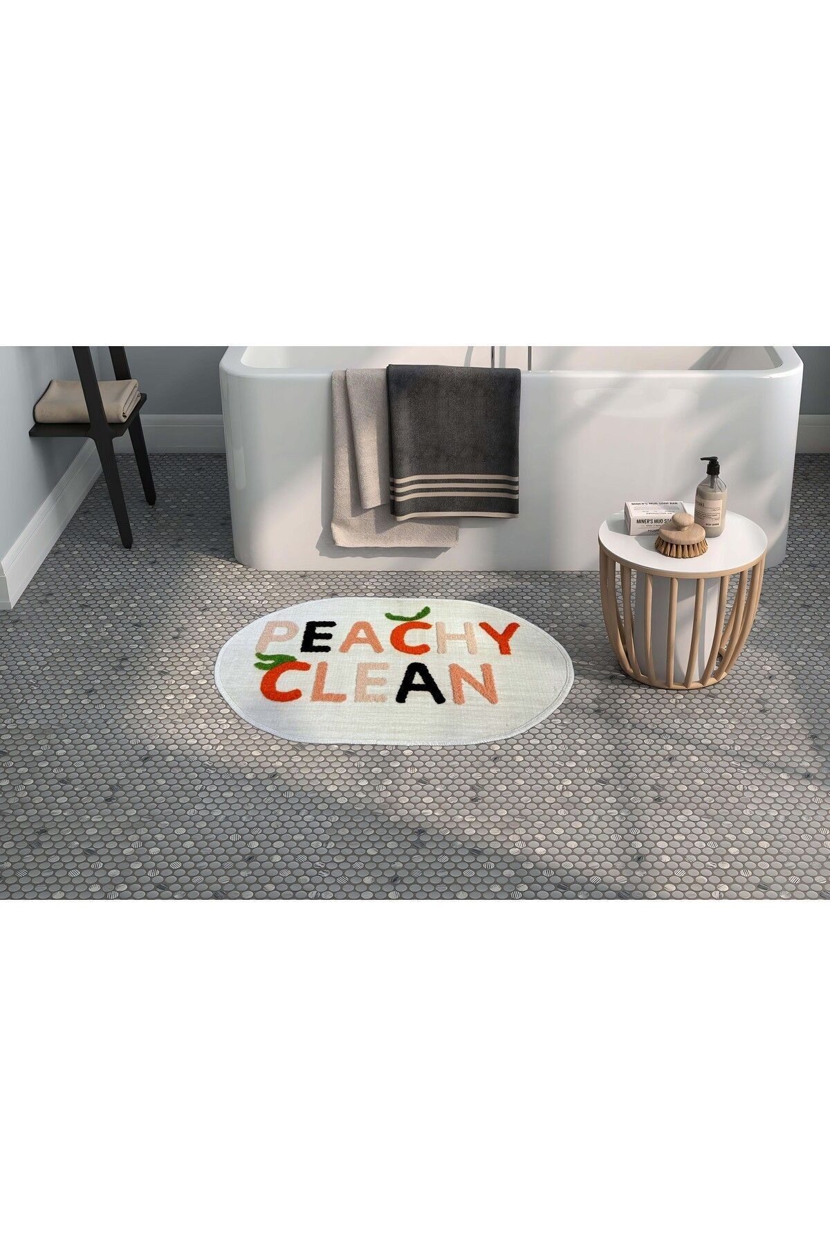 Peachy Clean Yazılı Oval Dokuma Banyo Paspası 90×57