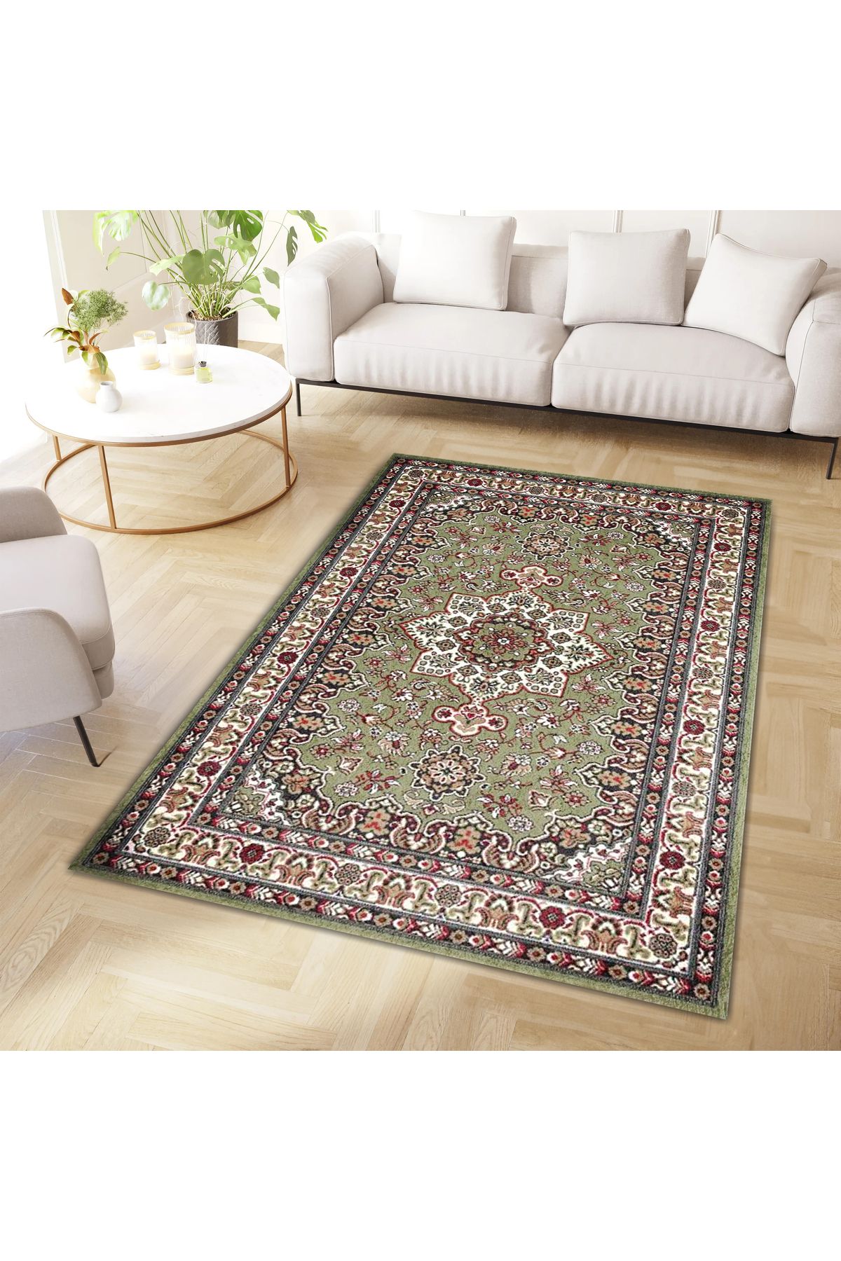 Kuzey Koleksiyonu Yeşil Etnik Desenli Dokuma Taban Dekoratif Halı kuzey04