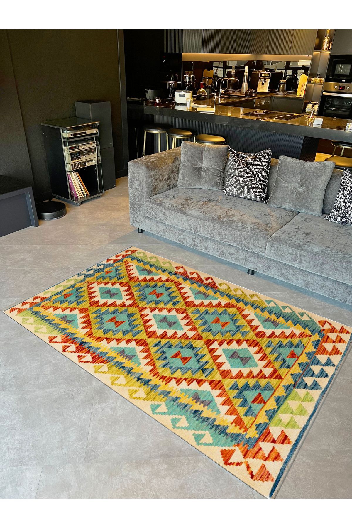 İnci Koleksiyonu Çok Renkli Etnik Geometrik Desenli Dokuma Taban Vintage Dekoratif Halı inci03