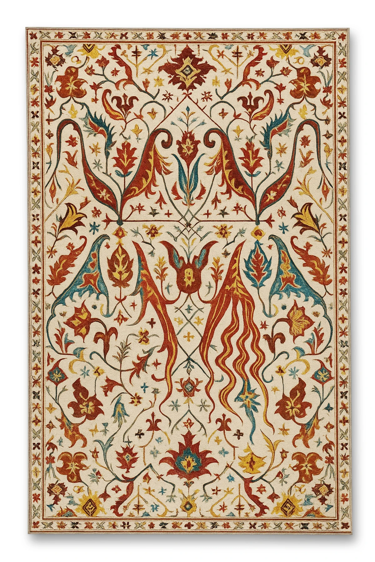 MOSSO Çok Renkli Çiçek ve Etnik Motifler Desenli Dokuma Taban Vintage Dekoratif Halı mosso361