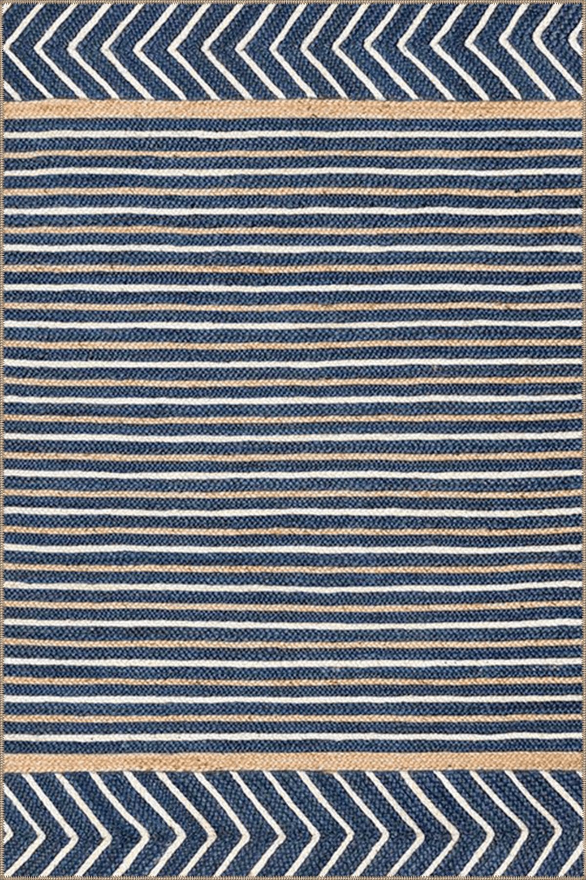 Lacivert Bej Temalı Geometrik Çizgi Desenli Modern Dekoratif Halı 4628