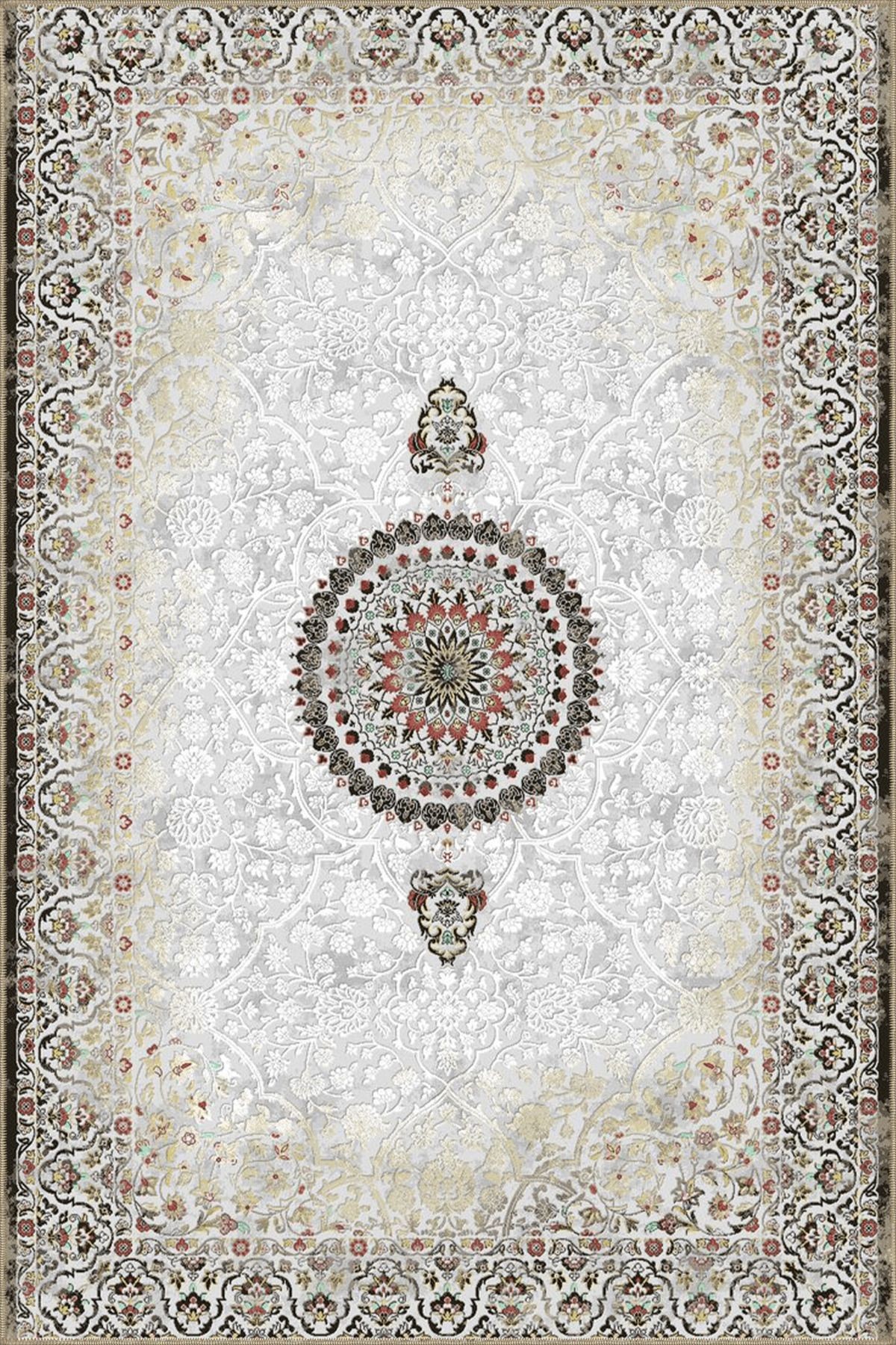 Bej Temalı Eskitme Geleneksel Motif Çiçek Desenli Vintage Dekoratif Halı 4900
