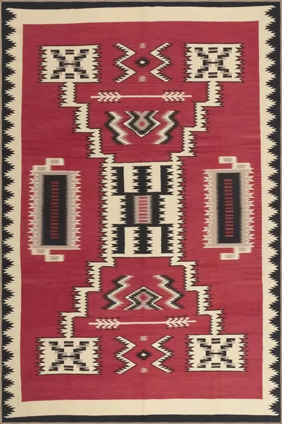 Kırmızı Temalı Şekil Motifli Etnik Desenli Vintage Dekoratif Halı 3524