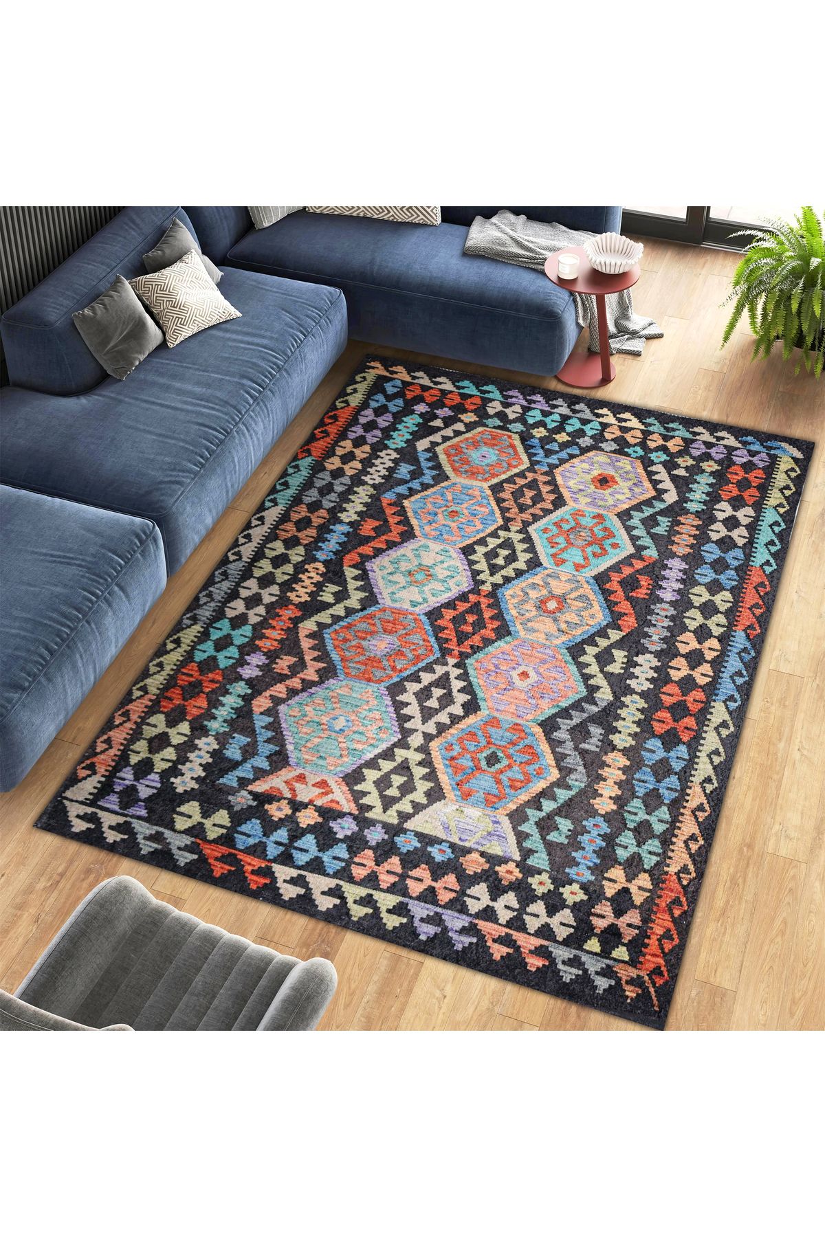 Mete Koleksiyonu Çok Renkli İskandinav Geometrik Detaylar Desenli Vintage Dekoratif Halı 47