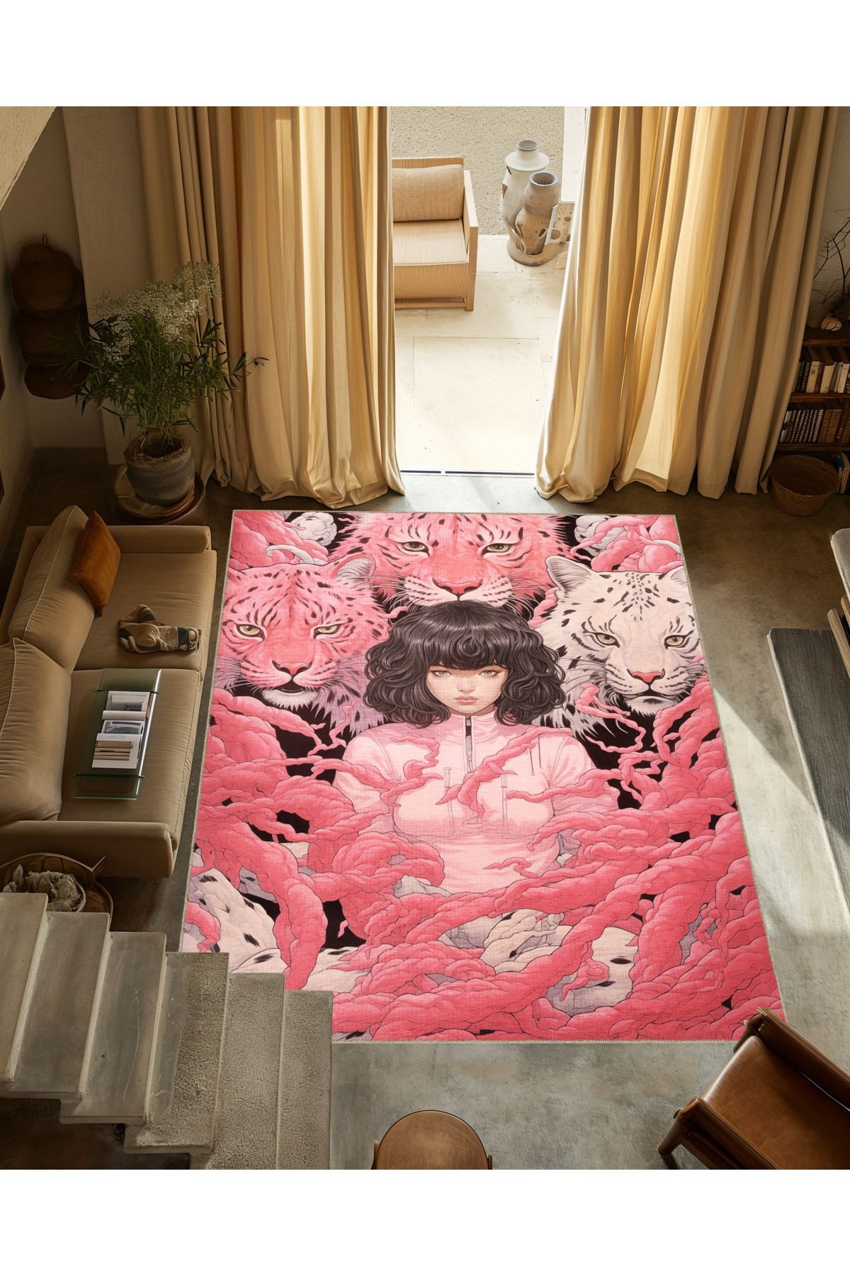 Dido 2 Koleksiyonu Pembe Temalı Sürrealist Tasarım Kadın Kaplan Desenli Modern Dekoratif Halı 3229