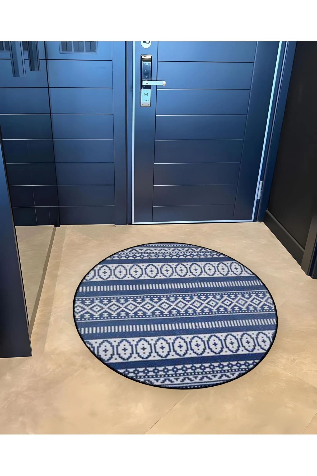 Mavi Temalı Etnik Motif Desenli Yuvarlak Dokuma Taban Vintage Dekoratif Halı 6118