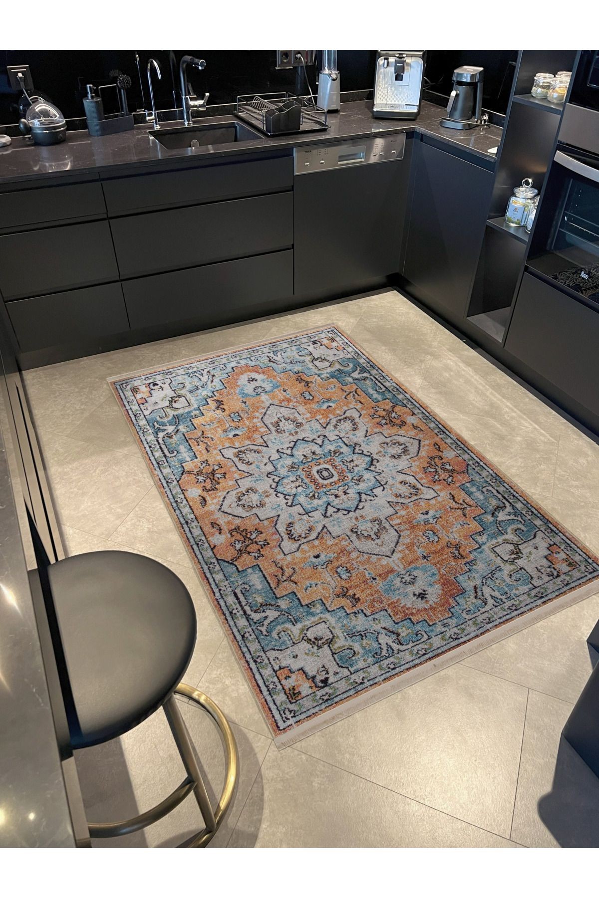 Mavi Turuncu Temalı Geleneksel Motif Desenli Kreatif Vintage Dekoratif Halı 2953